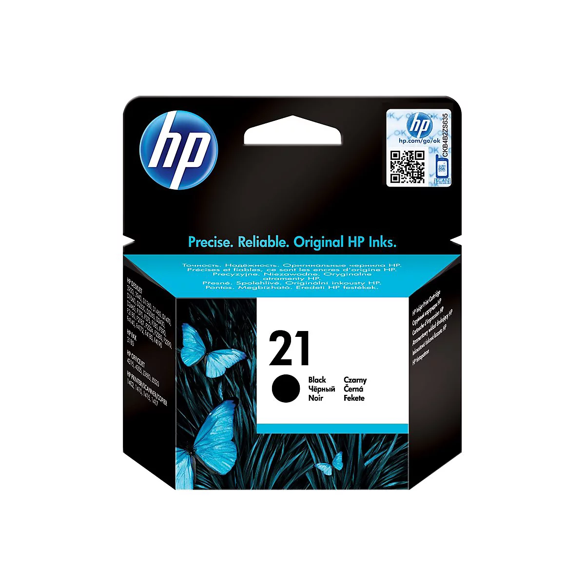 Schwarze HP Tintenpatrone, Aufdruck '21', mit blauen Schmetterlingen dekoriert.