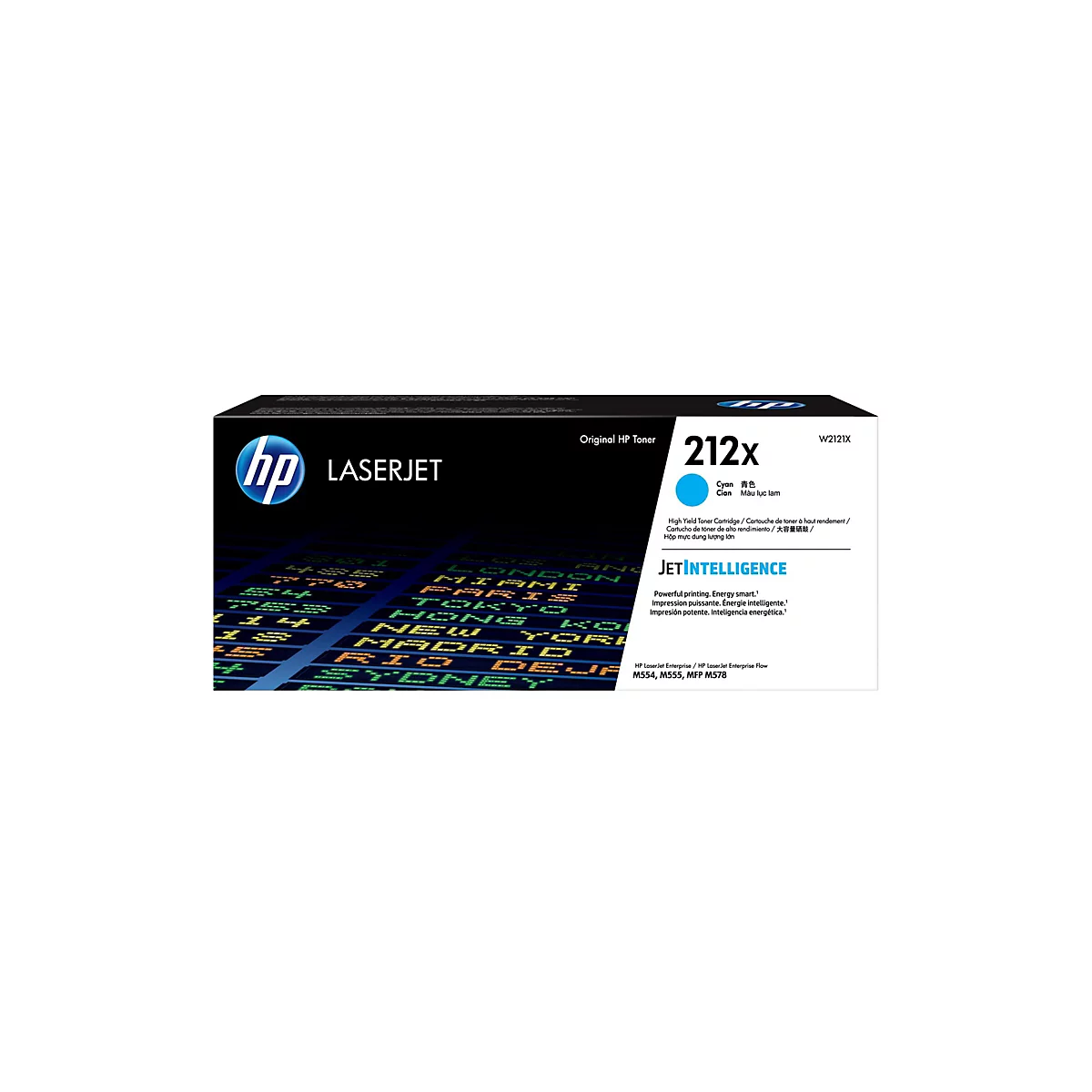 Eine HP Laserjet-Toner-Kartusche, verpackt in einer schwarzen Schachtel mit blauen Akzenten, die Produktinformationen zeigt, darunter die blaue Farbe, Modell 212x und das HP-Logo.