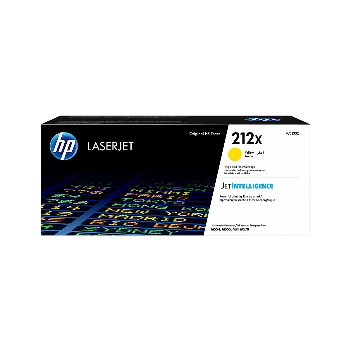 Eine HP LaserJet Tonerkartusche. Aufschrift: 212x, Gelb. Auf der Verpackung sind StÃ¤dte und das HP Logo abgebildet.