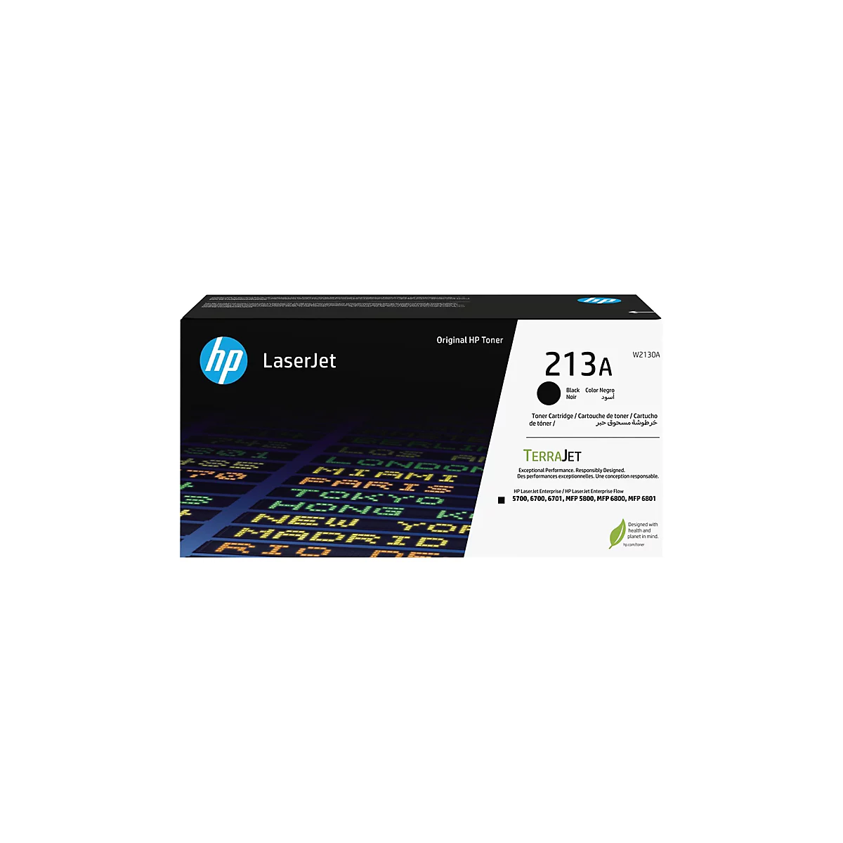 Schwarze Toner-Kartusche 213A von HP, mit Produktinformationen und Logo auf dem Karton. Im Hintergrund eine Weltkarte.
