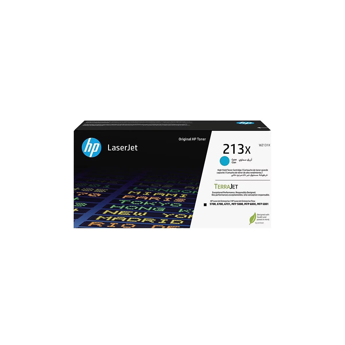 Schwarze HP LaserJet Toner-Kartusche 213x vor weißem Hintergrund. Der Karton enthält Informationen und das HP-Logo.