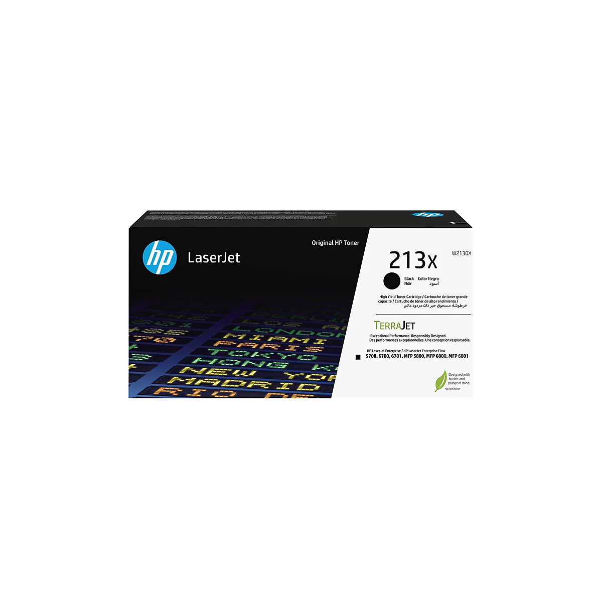 Schwarze HP Laserjet Tonerkartusche, vorne, mit Logo und Produktinformationen, vor einem Hintergrund mit Weltstädten.