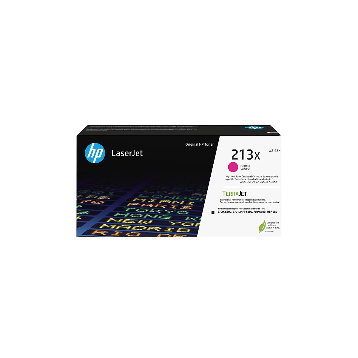 Toner HP LaserJet dans son emballage, avec informations sur le produit et logo, sur fond blanc. Imprimé: 213x Magenta.