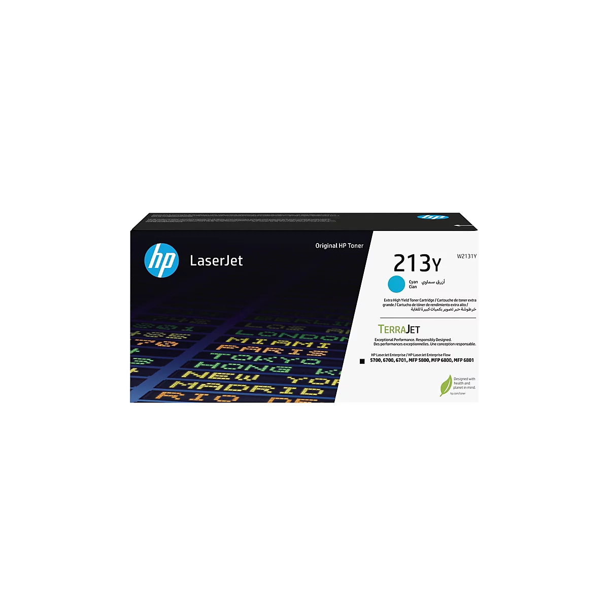 Eine HP LaserJet Toner-Kartusche in Cyan. Die Schachtel zeigt den Produktnamen und eine Weltkarte.