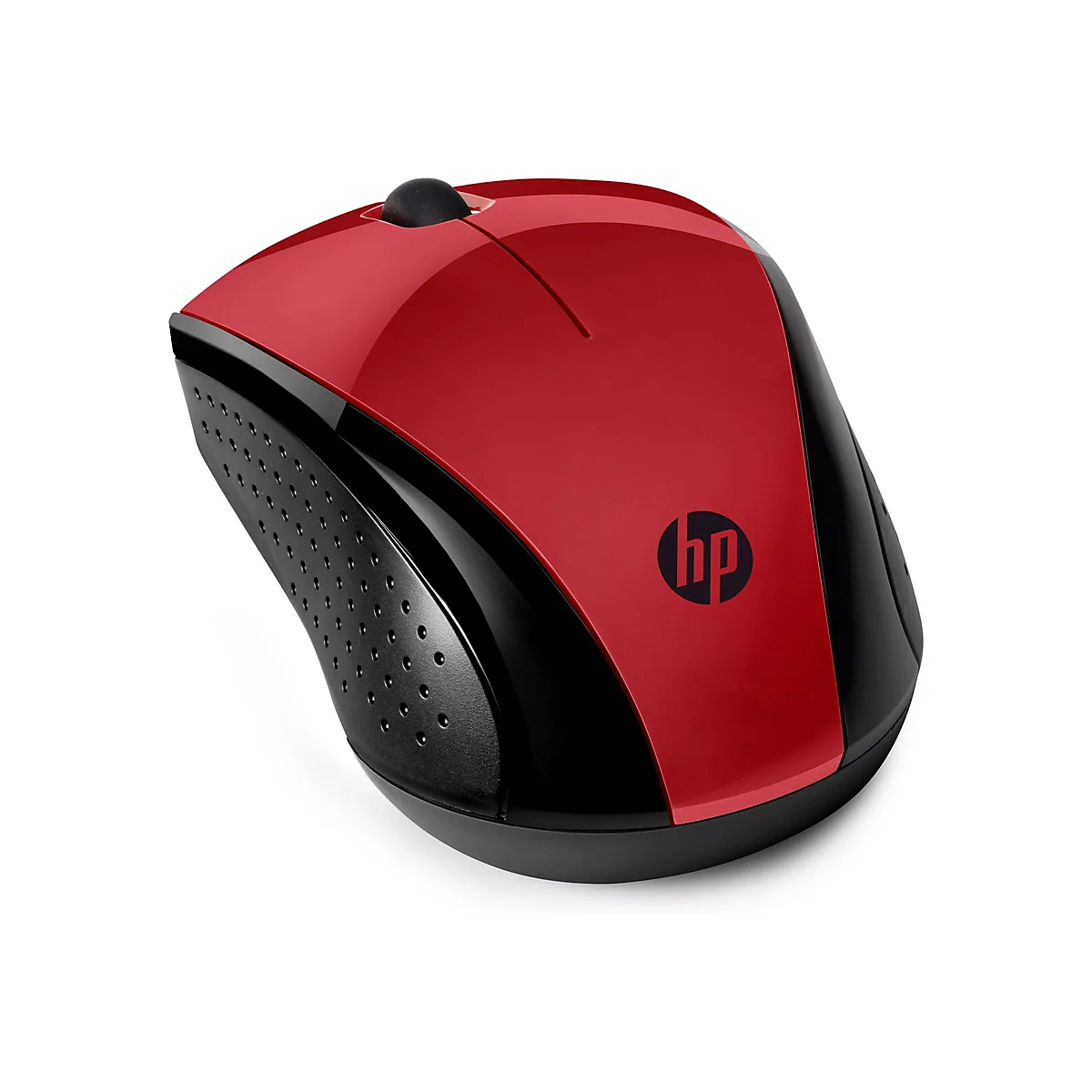 Drahtlose HP Computermaus in glänzendem Rot und mattem Schwarz mit HP Logo auf weißem Hintergrund.