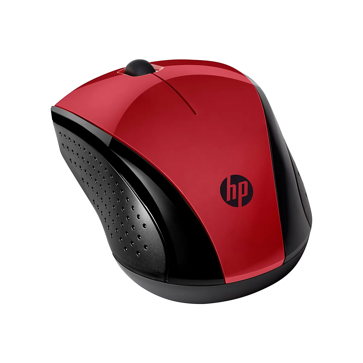 Drahtlose HP Computermaus in glänzendem Rot und Schwarz auf weißem Hintergrund.