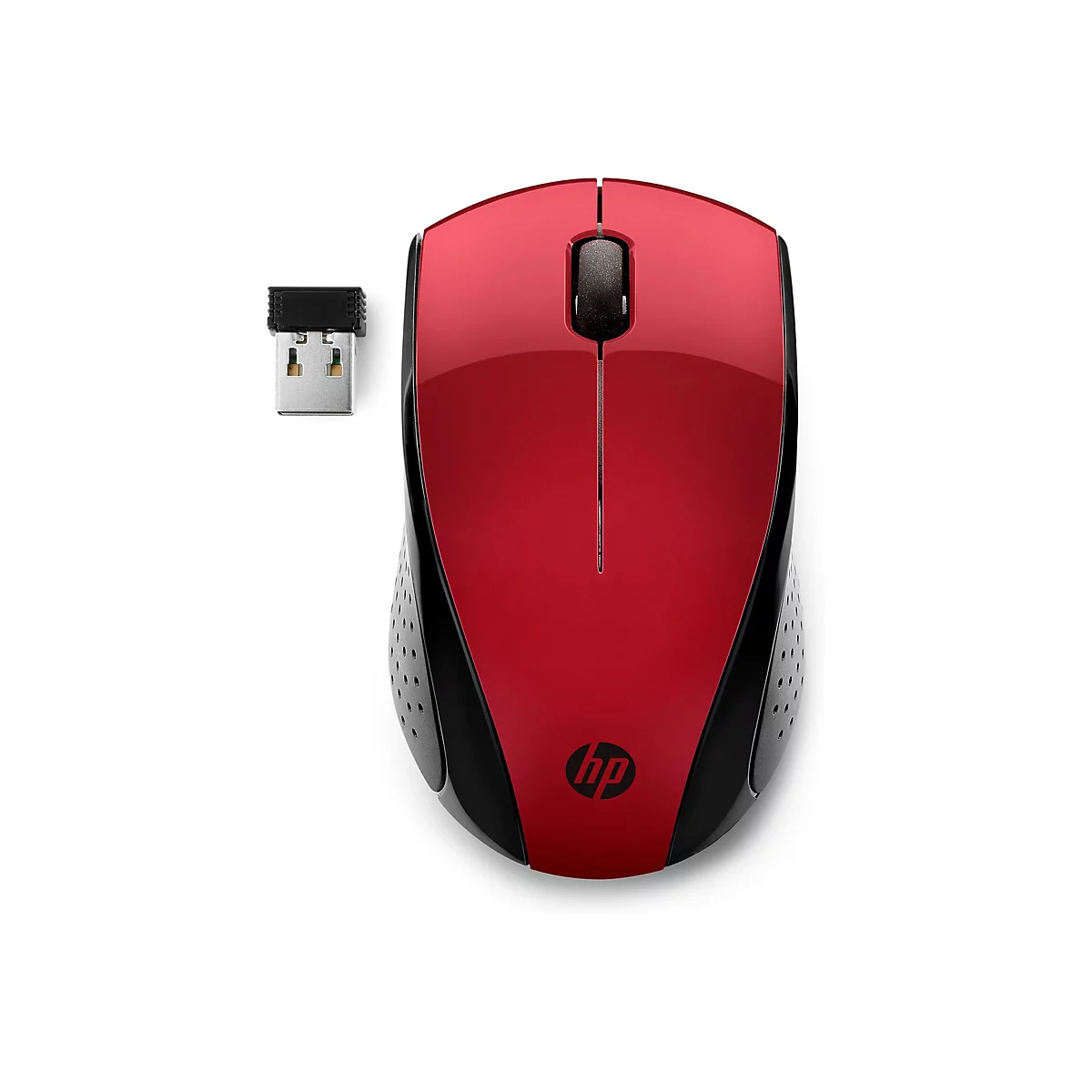Rote, kabellose HP-Maus mit schwarzem Mausrad und USB-Empfänger auf weißem Hintergrund.
