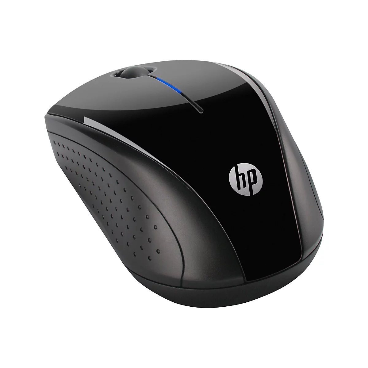 Schwarze kabellose HP-Maus mit glänzender Oberfläche, blauem Lichtstreifen und silbernem HP-Logo auf weißem Grund.