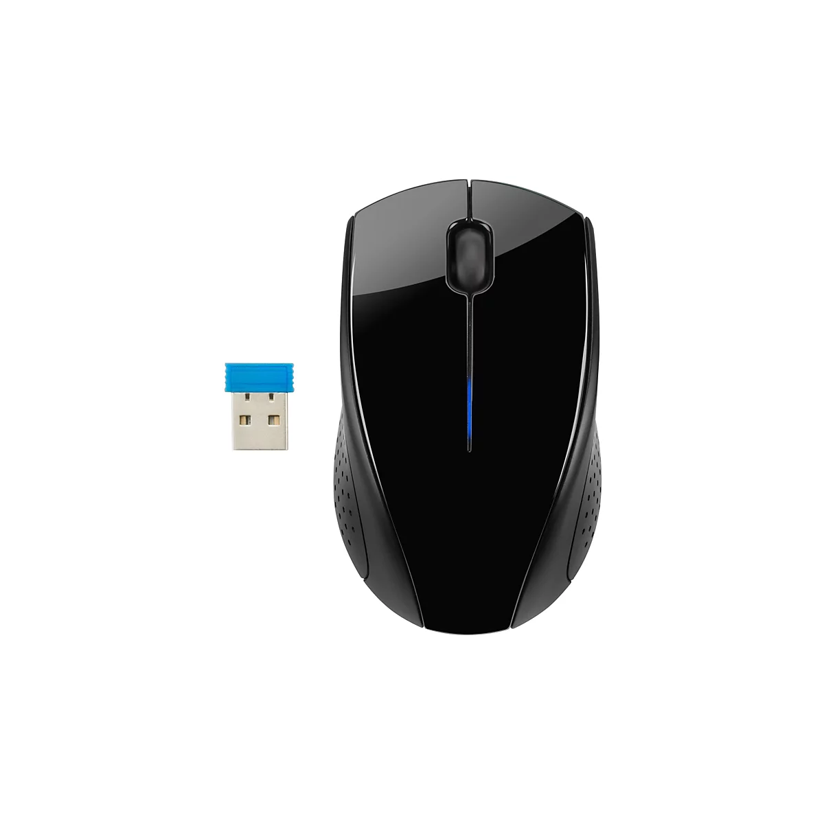 Schwarze kabellose Computermaus mit glänzender Oberfläche und blauem USB-Empfänger auf weißem Hintergrund.