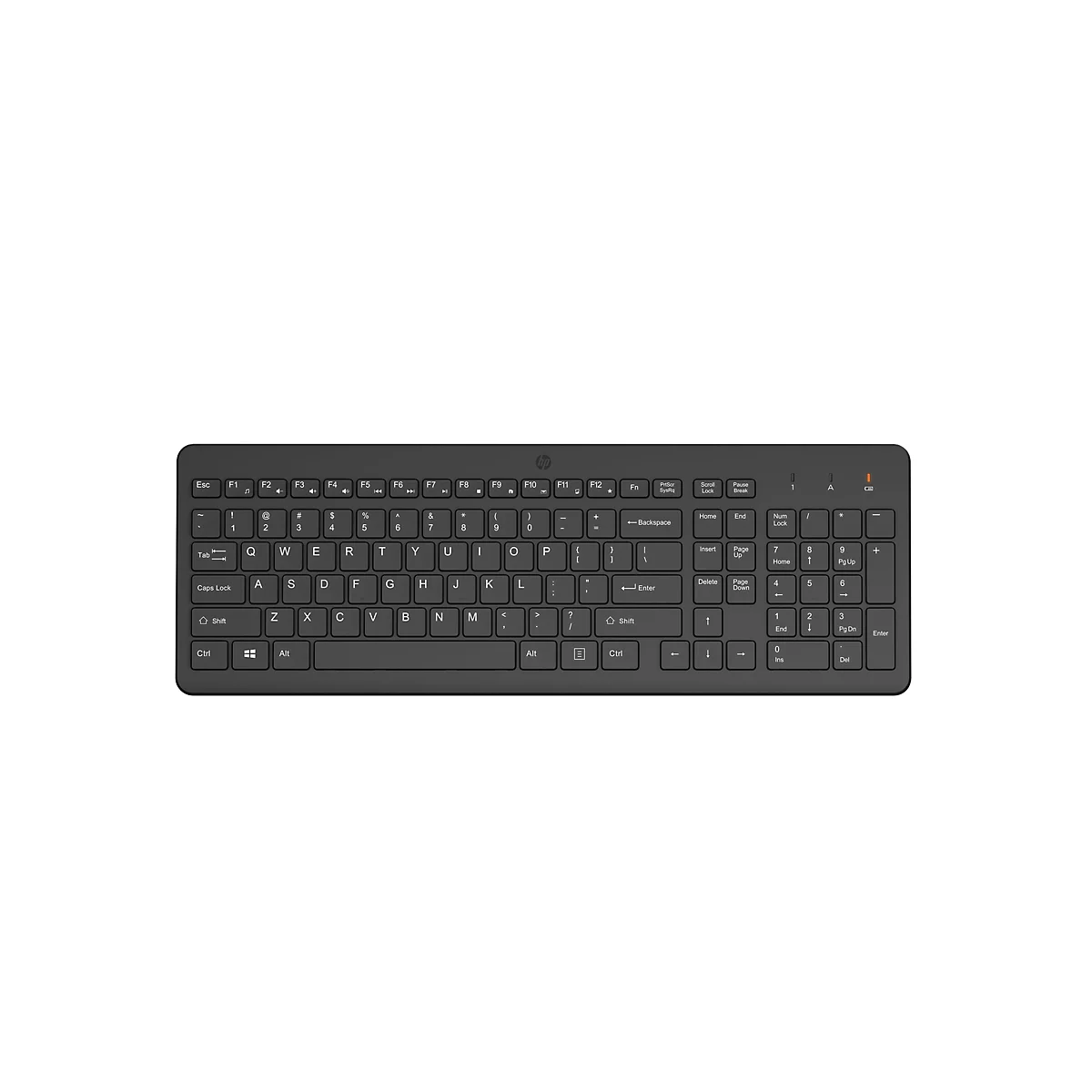 Schwarze kabellose HP Tastatur mit QWERTZ-Layout und separatem Ziffernblock auf weißem Hintergrund.