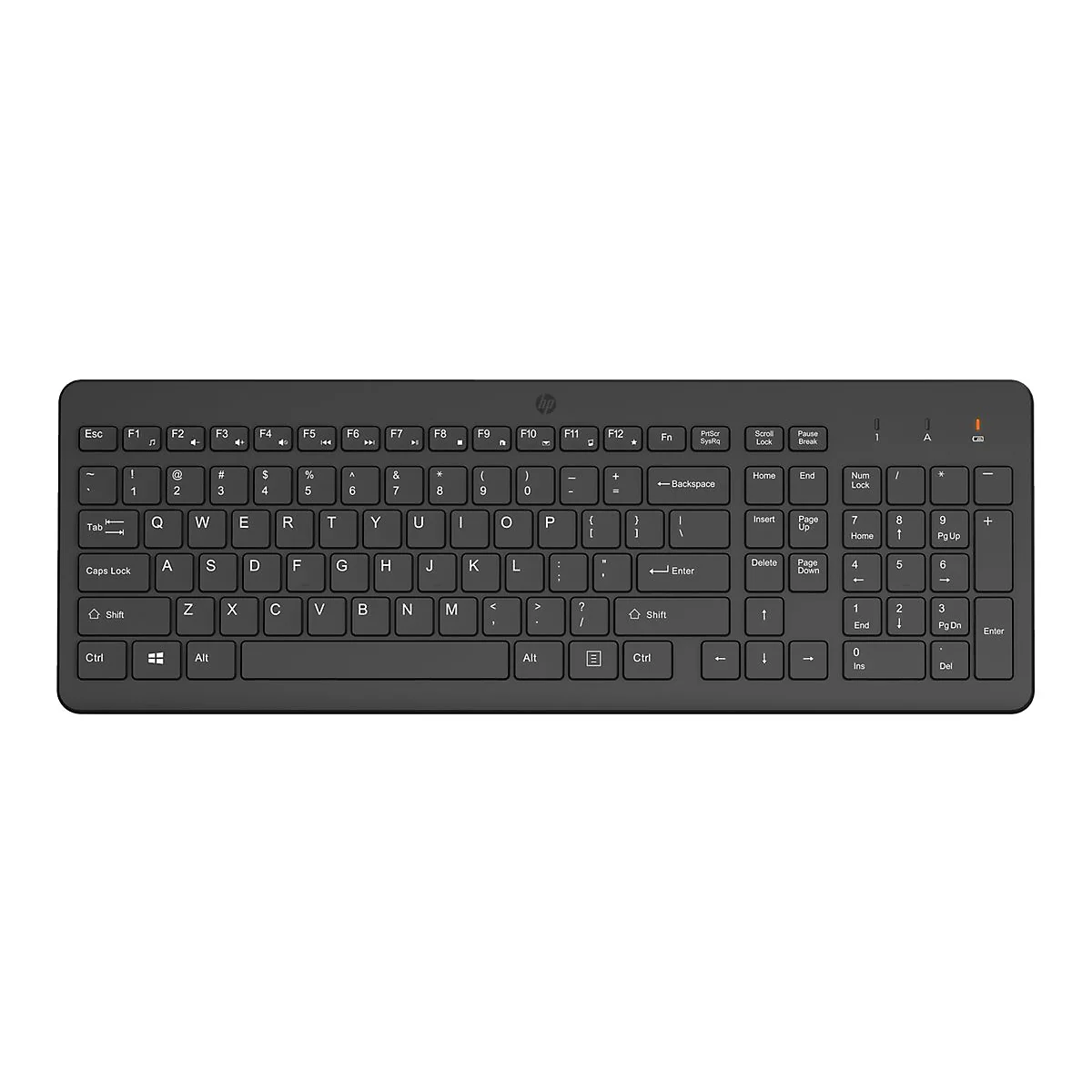 Schwarze kabellose HP-Tastatur in Draufsicht mit QWERTZ-Layout auf weißem Hintergrund.