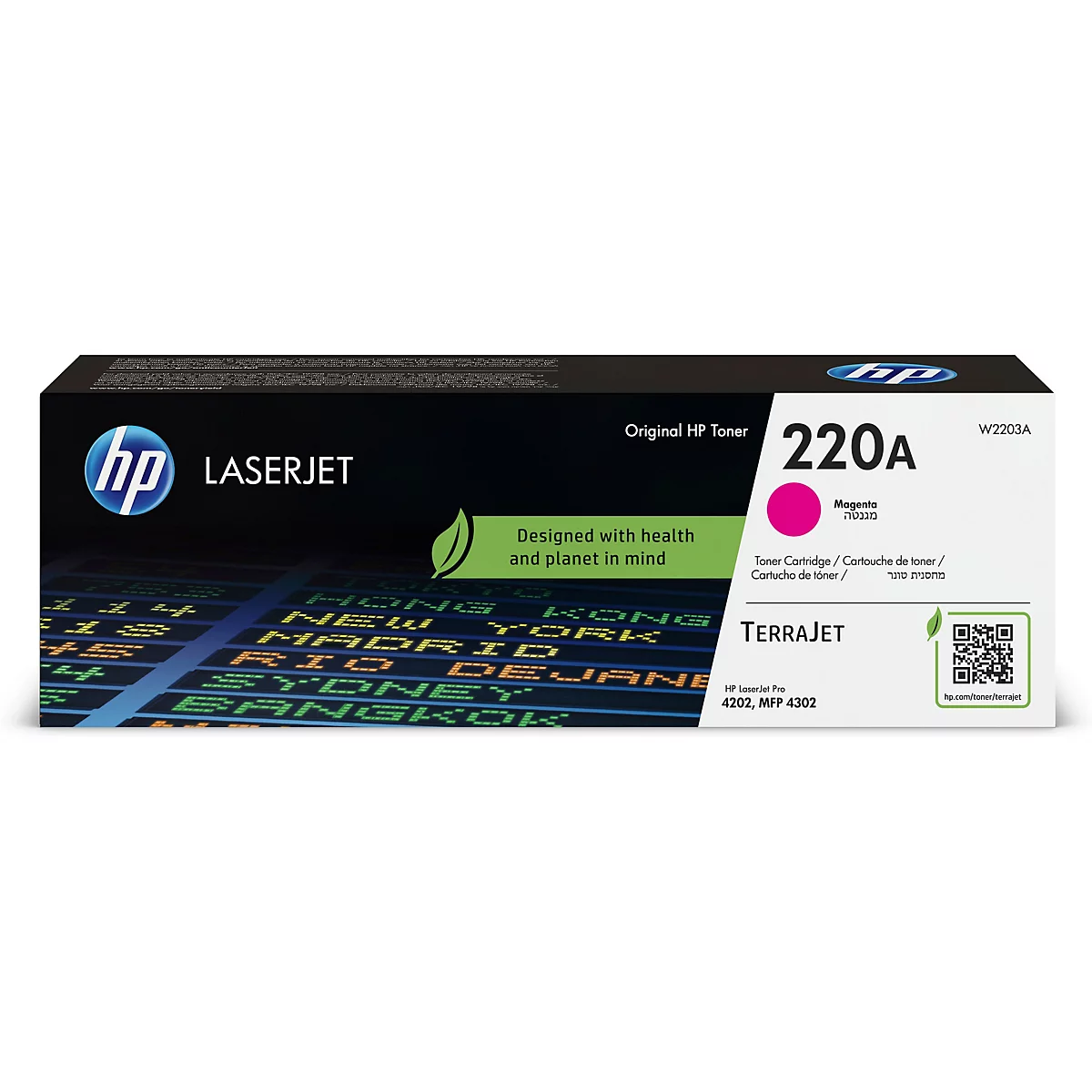 Eine Packung HP 220A Magenta Toner, mit "LaserJet" und "Terrajet" Schriftzügen, sowie dem HP Logo.