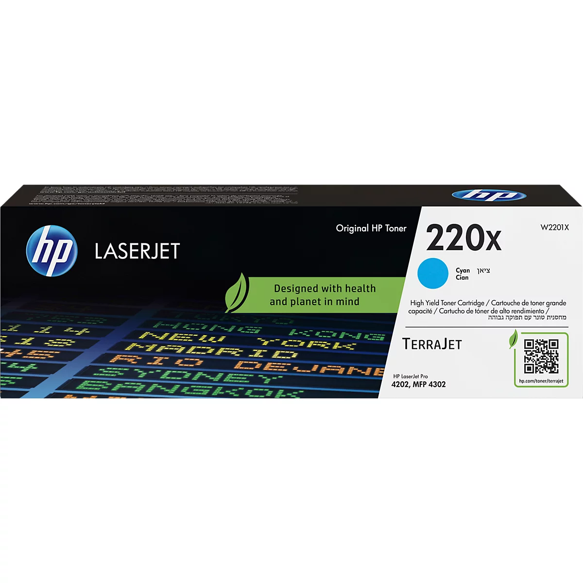 Eine HP LaserJet Tonerpatrone, mit Text: „Original HP Toner“, „220x“ und „Terrajet“.