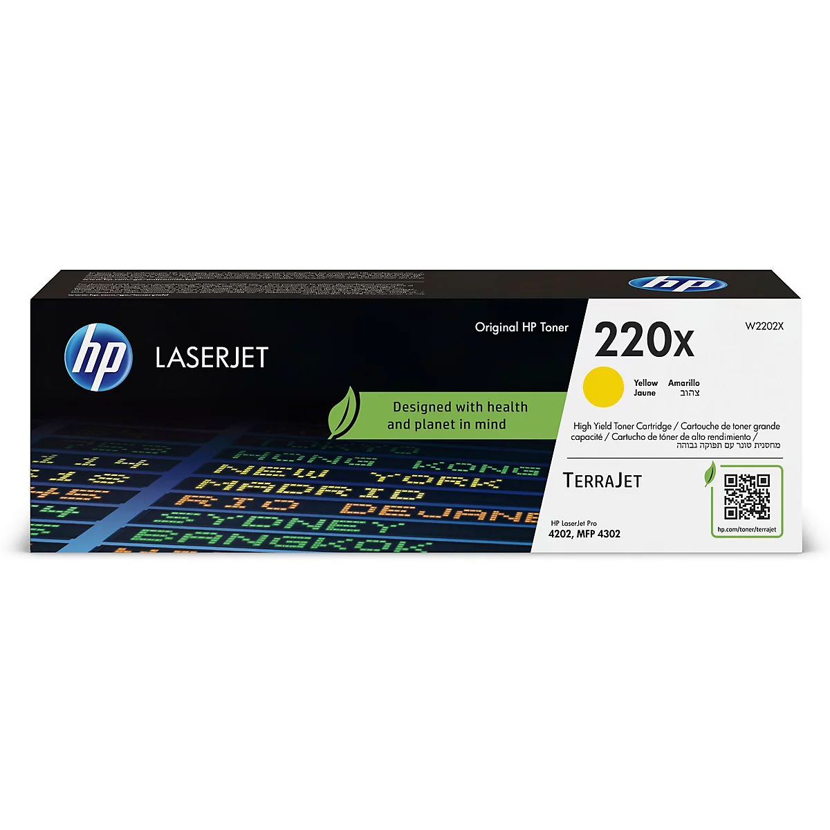 HP LaserJet Toner-Kartusche, gelb, 220x. Aufdruck mit Logos und Werbetext. Aufdruck mit Weltstädten.