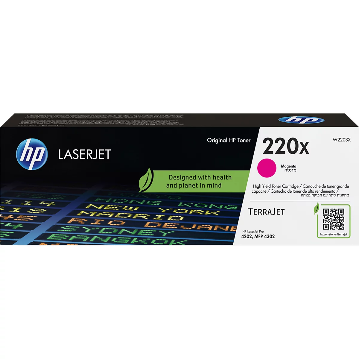 Eine HP LaserJet Tonerpatrone in Schwarz mit pinkfarbenem Akzent. Schriftzüge: 'Original HP Toner', '220x Magenta', 'Terrajet'.