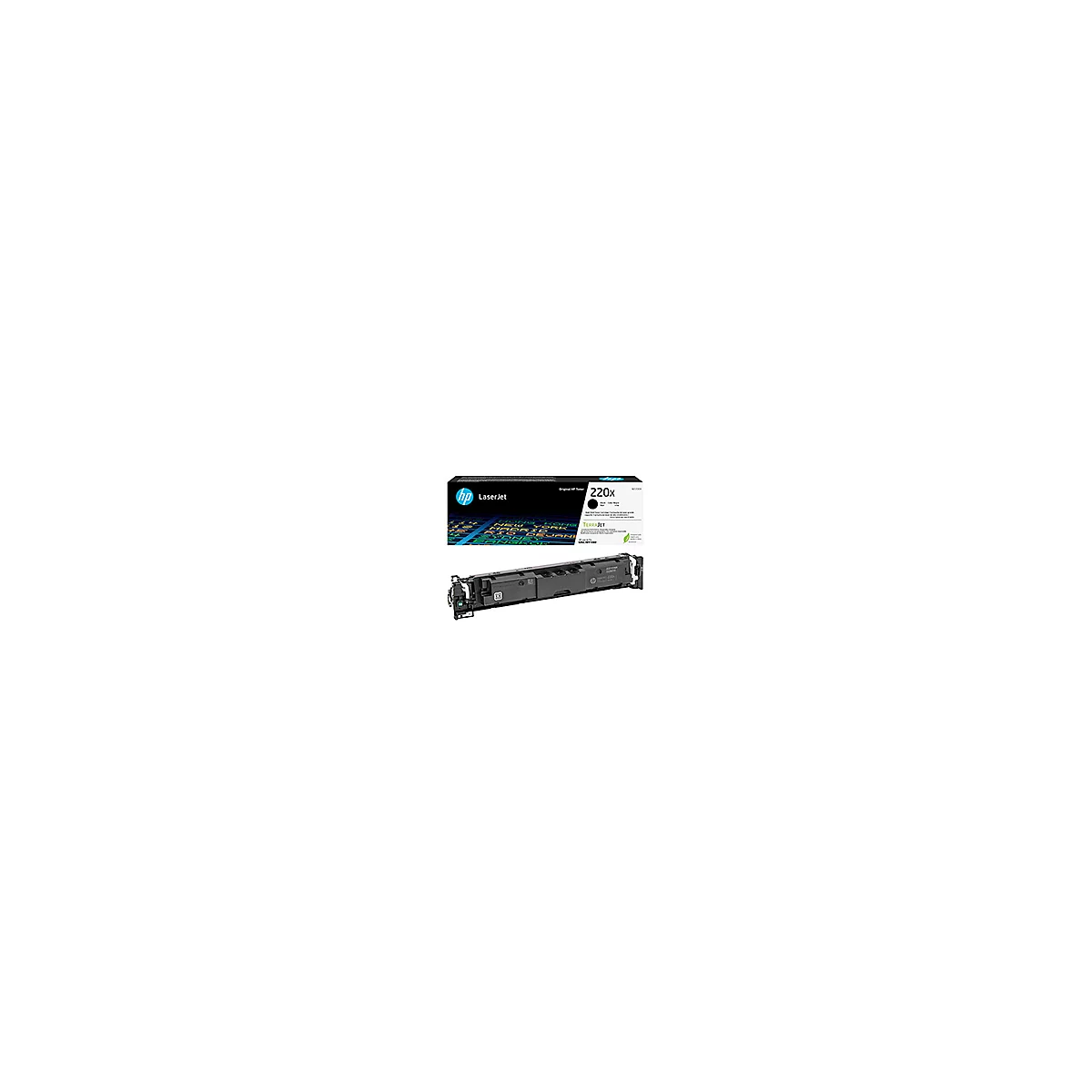 Eine schwarze HP LaserJet 220x Tonerpatrone und deren Verpackung, vor weissem Hintergrund.