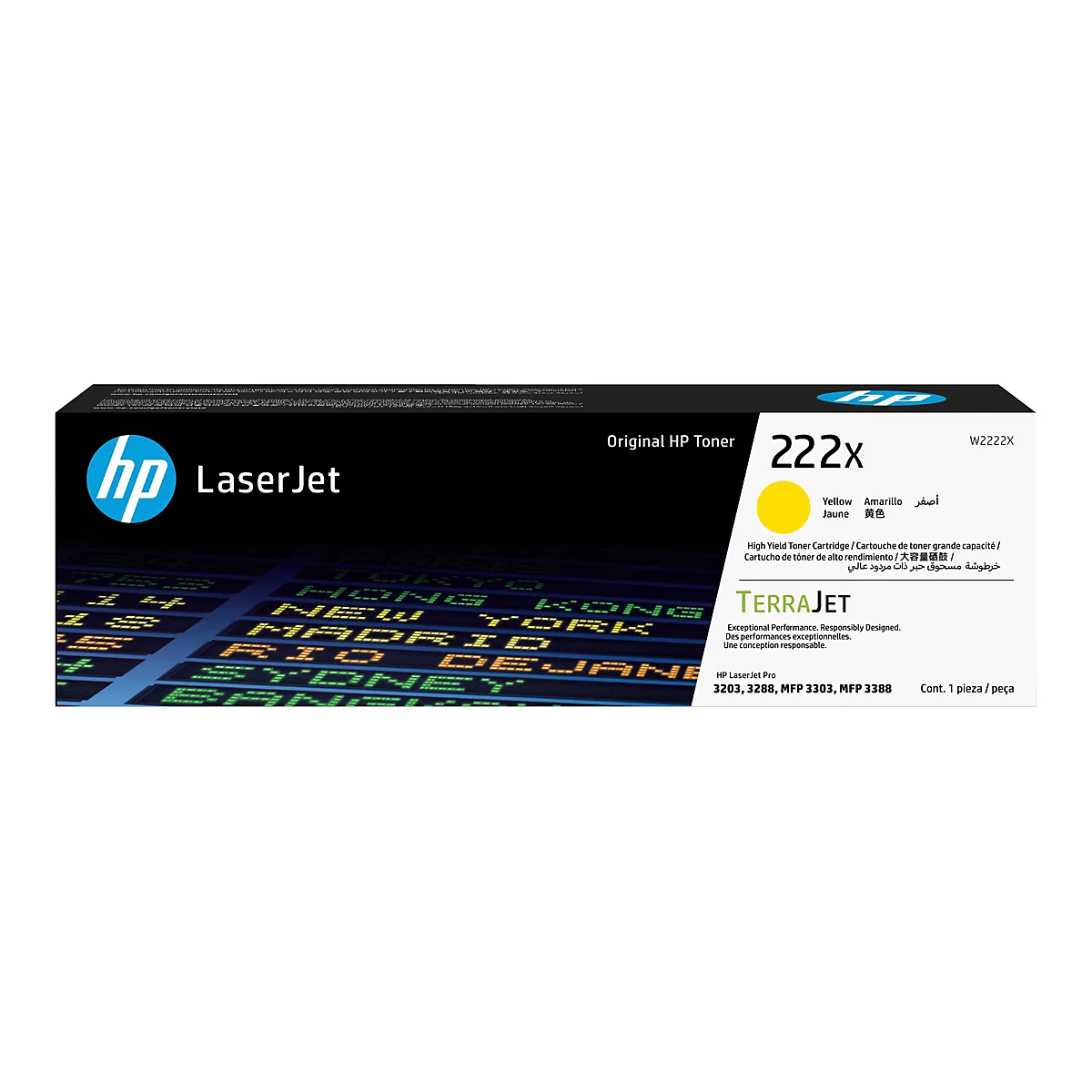 Gelbe HP 222X Toner-Kartusche. Auf der Kartusche steht 'LaserJet' und 'TerraJet'. Im Hintergrund eine Flughafen-Anzeigetafel.