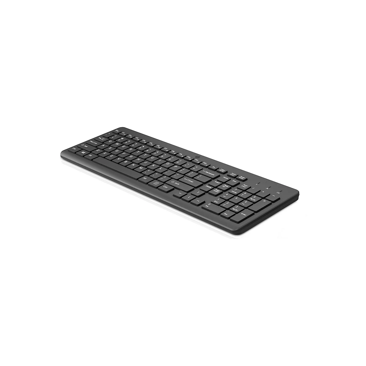 Schwarze kabellose HP-Tastatur in Perspektive auf weißem Hintergrund.