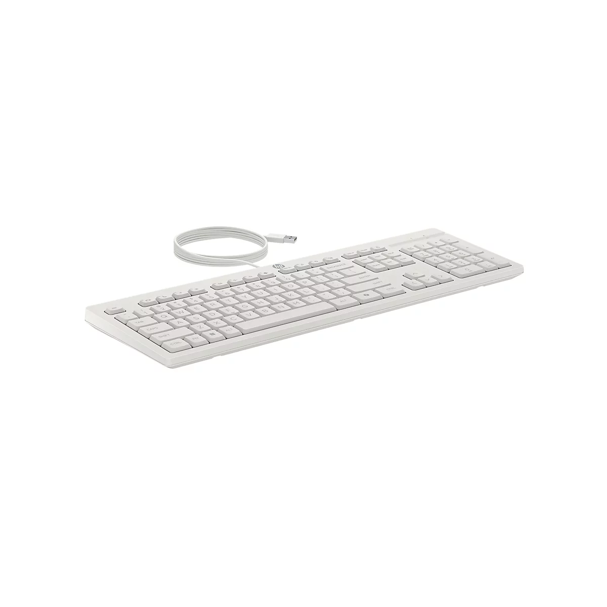 Weiße HP-Kabeltastatur in Perspektive auf weißem Hintergrund mit aufgerolltem USB-Kabel.