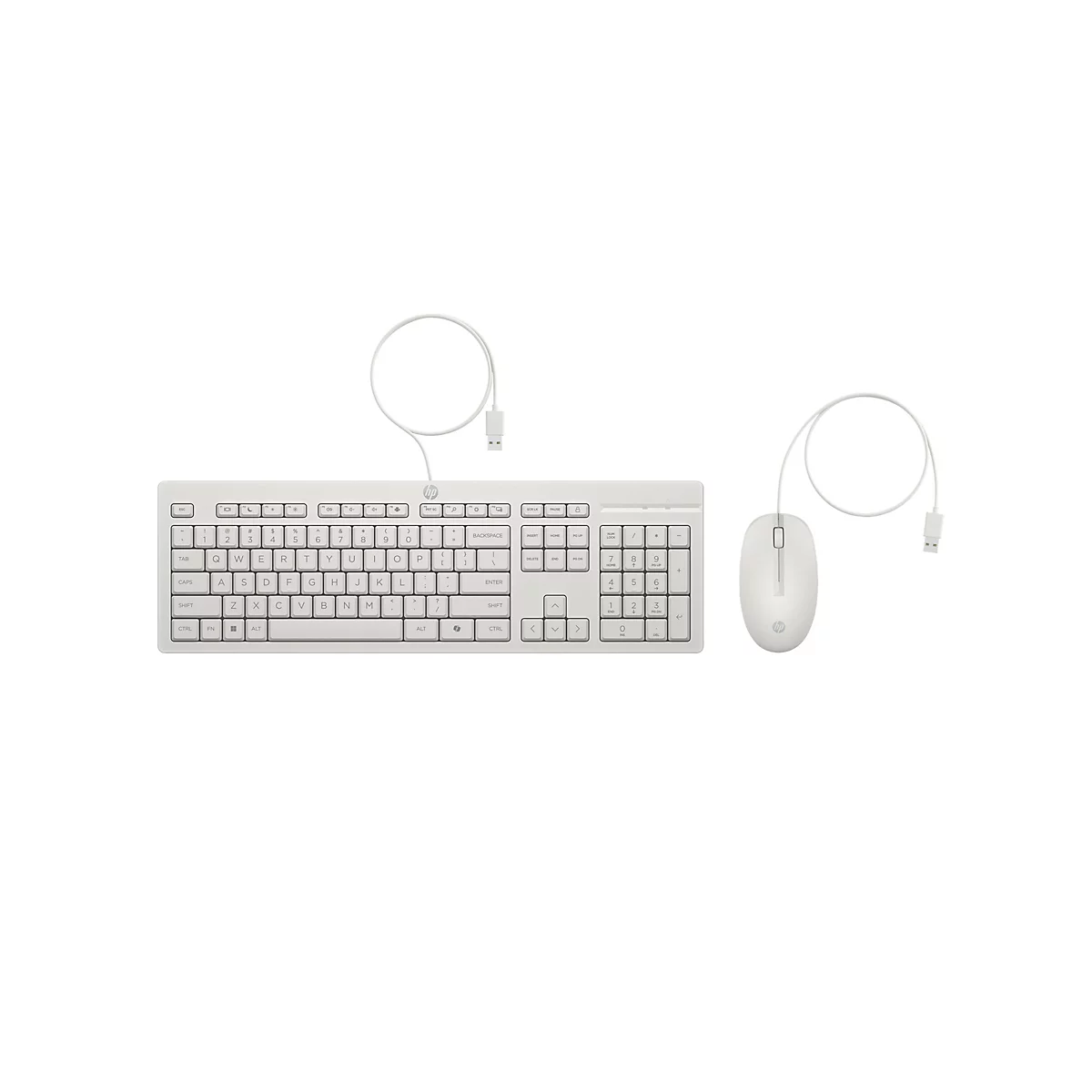 Weißes, kabelgebundenes HP Tastatur- und Maus-Set vor weißem Hintergrund.