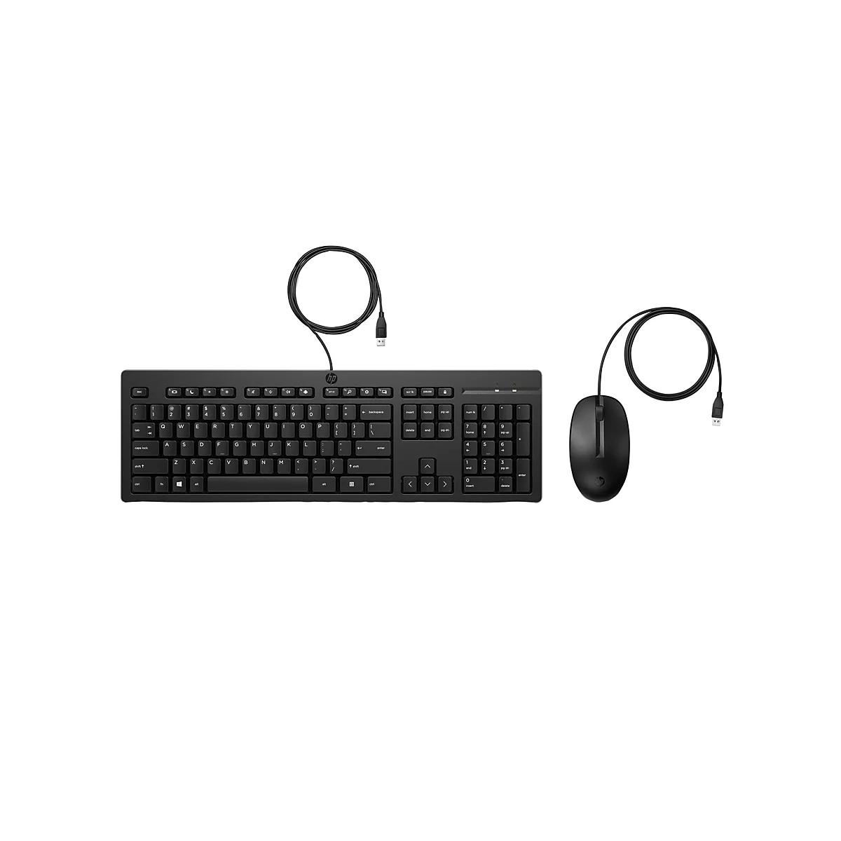 Schwarzes HP Tastatur- und Maus-Set mit Kabel vor weißem Hintergrund.
