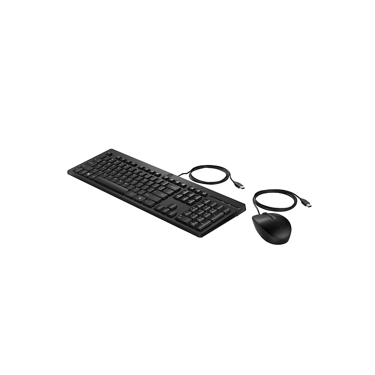 Schwarzes kabelgebundenes HP Tastatur- und Maus-Set vor weißem Hintergrund.