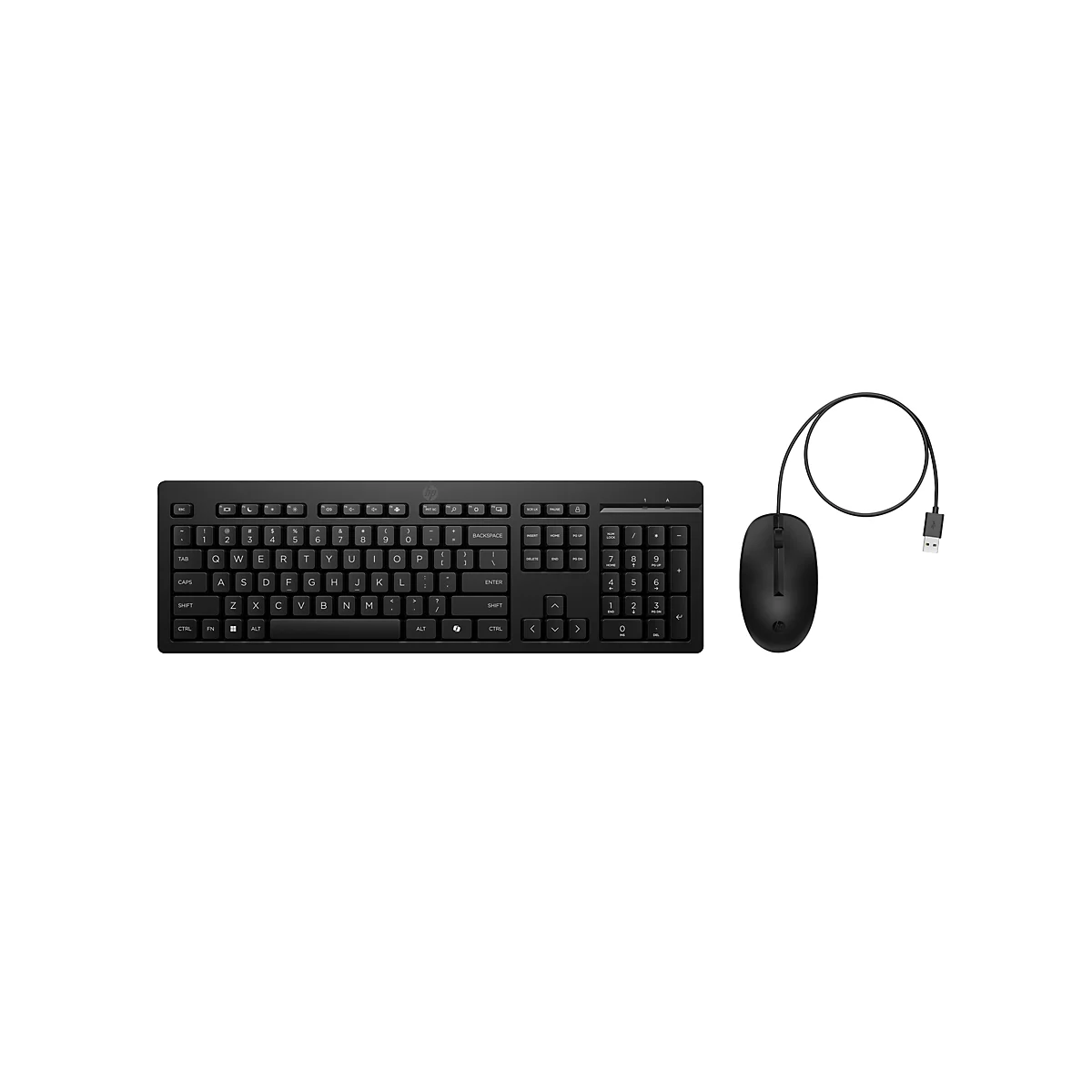 Schwarzes kabelgebundenes HP Tastatur- und Maus-Set vor weißem Hintergrund.