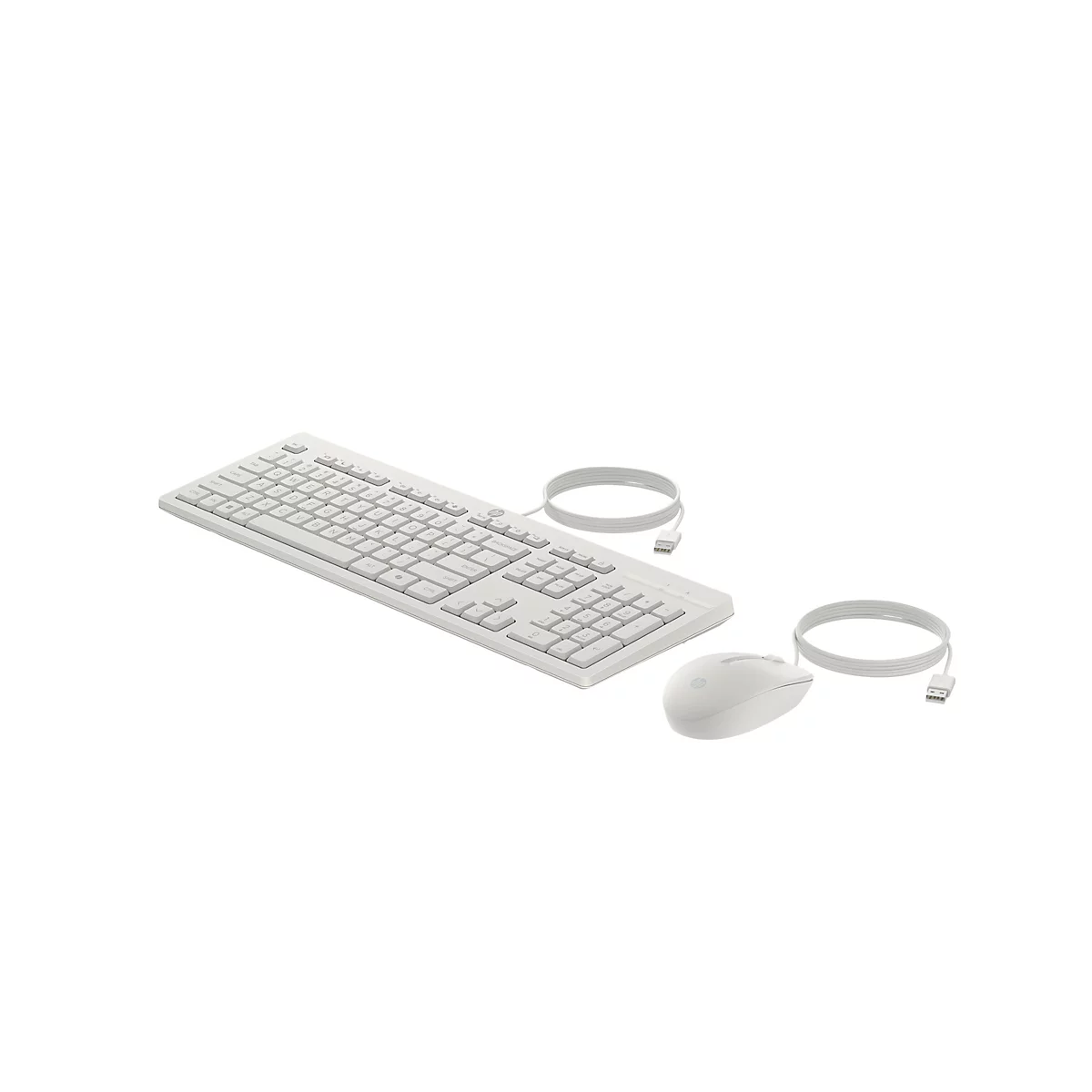 Weißes, kabelgebundenes HP Tastatur- und Maus-Set vor weißem Hintergrund.