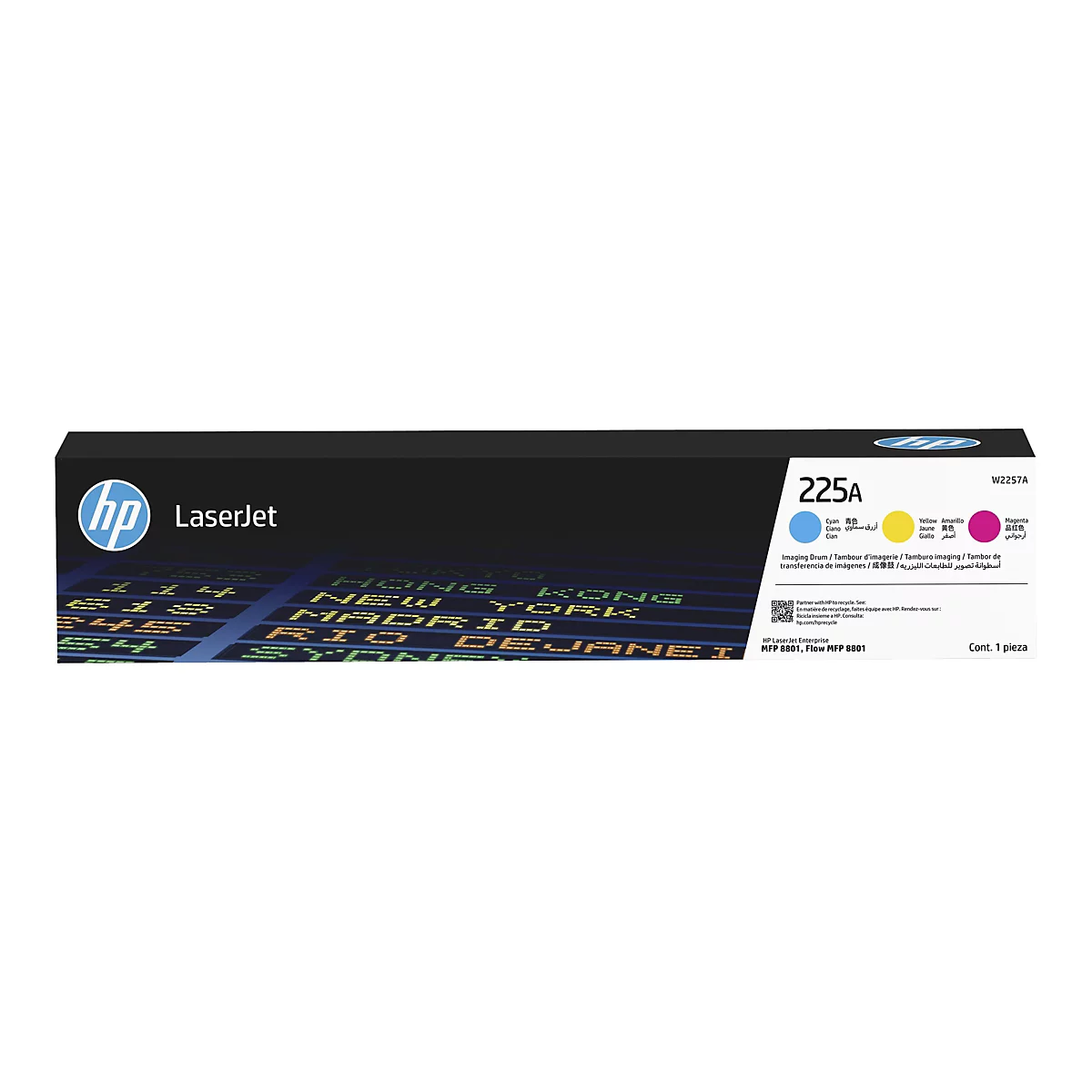 Eine HP LaserJet Tonerpatrone mit dem Label 225A. Sie ist in einer schwarzen Verpackung mit dem HP-Logo und Farbmarkierungen für Cyan, Gelb und Magenta dargestellt.