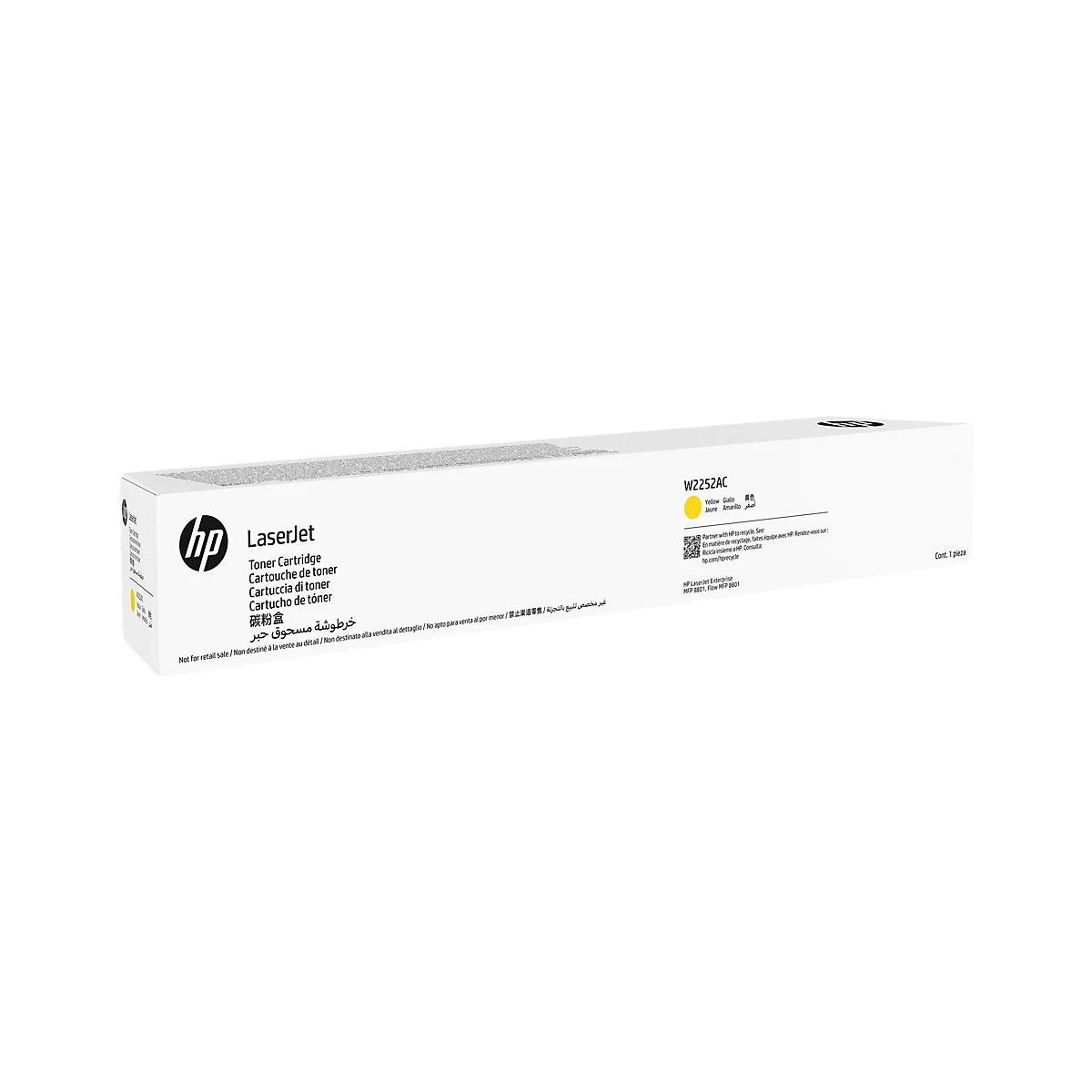 Gelbe HP LaserJet Tonerkartusche, W2252AC, in einer weißen Verpackung. Aufdruck: "LaserJet Toner Cartridge".