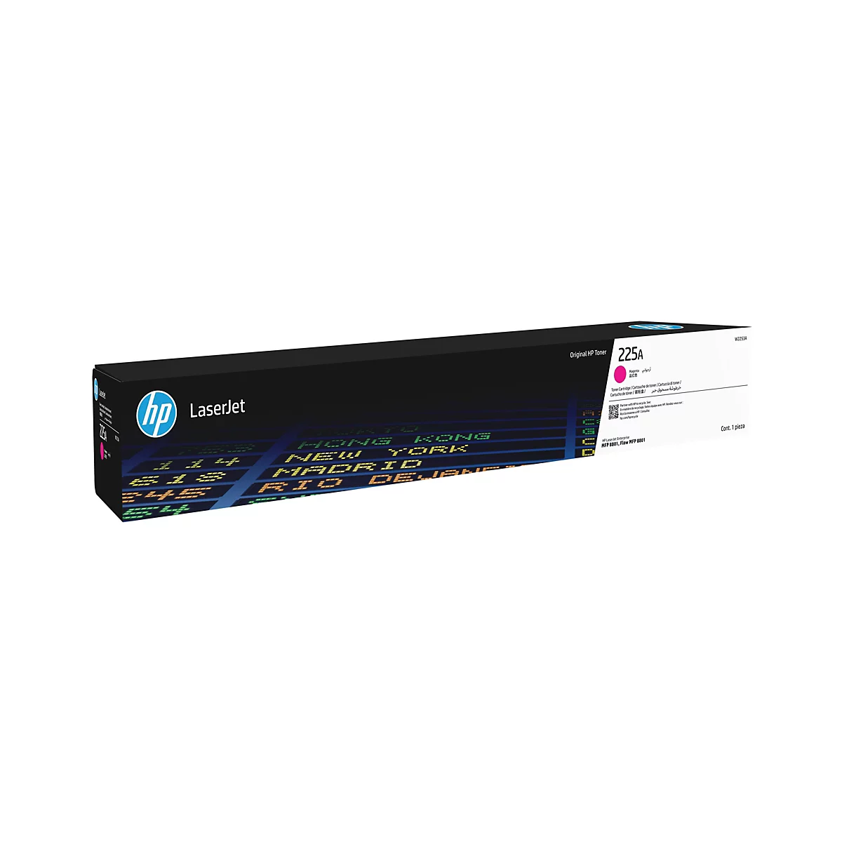 Schwarz-blaue HP Toner-Box mit gelbem und grünen Schriftzug. Auf der Box steht „LaserJet“ und „225A“. Auf der Seite ist ein pinker Punkt mit dem Wort „Magenta“ zu sehen.