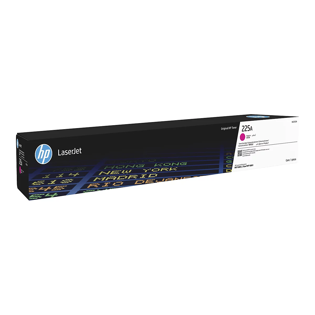 Eine schwarze HP LaserJet Toner-Kartusche, auf der die Aufschrift "225A" und "Magenta" steht. Darunter befinden sich Informationen über die Toner-Kartusche, sowie eine Weltkarte im Hintergrund.