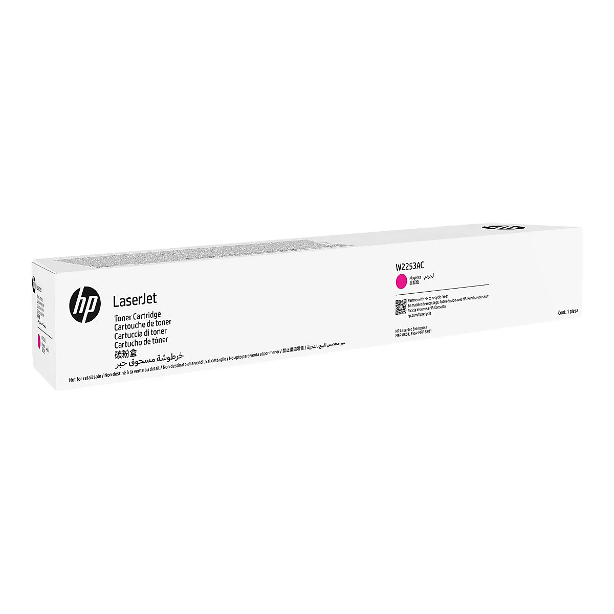 Eine weiße HP LaserJet Toner-Kartusche mit magenta-farbenen Akzenten. Beschriftung: 'Toner Cartridge', 'Magenta'.