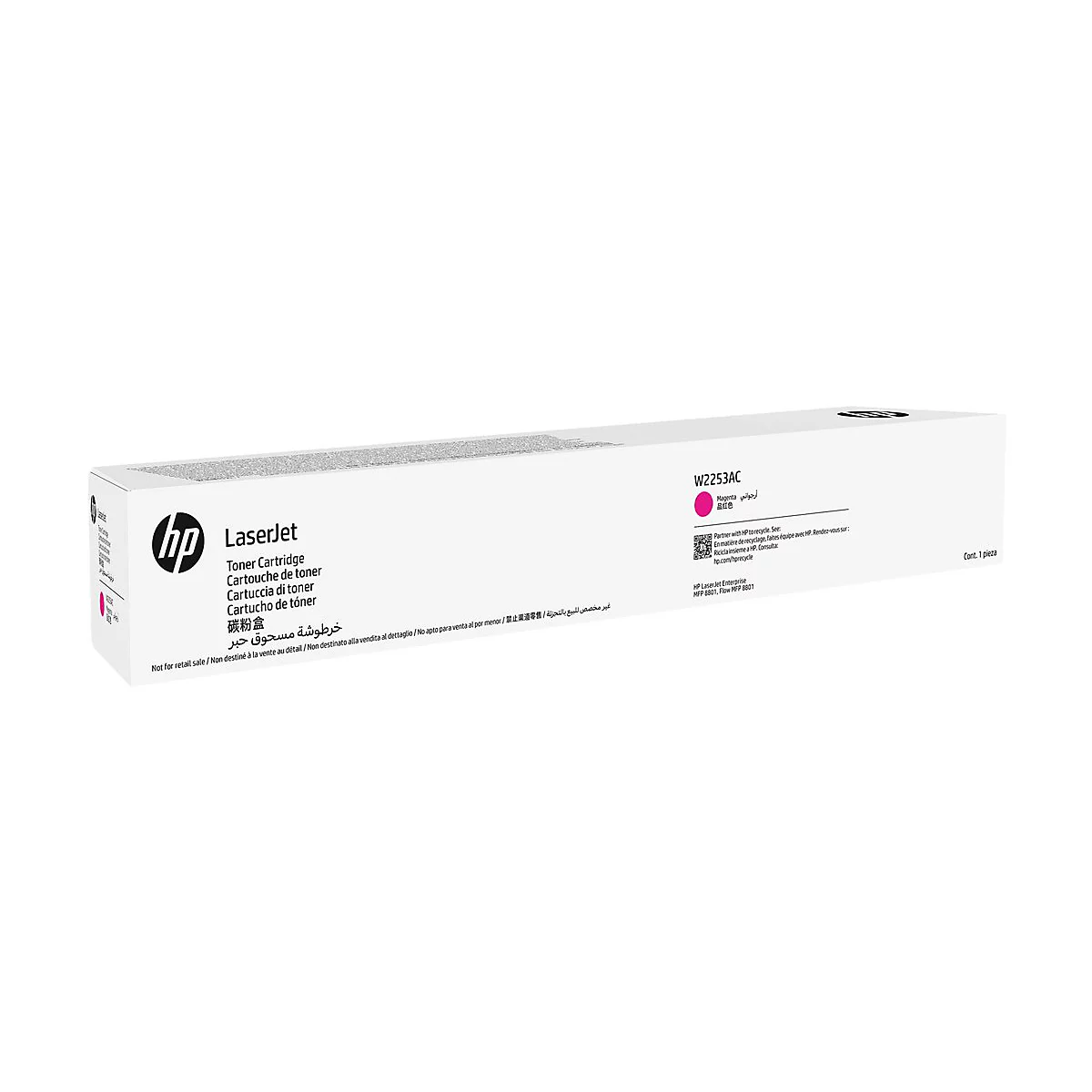 Eine weiße HP LaserJet Toner Cartridge Box mit Magenta-Kennzeichnung. Text in mehreren Sprachen.