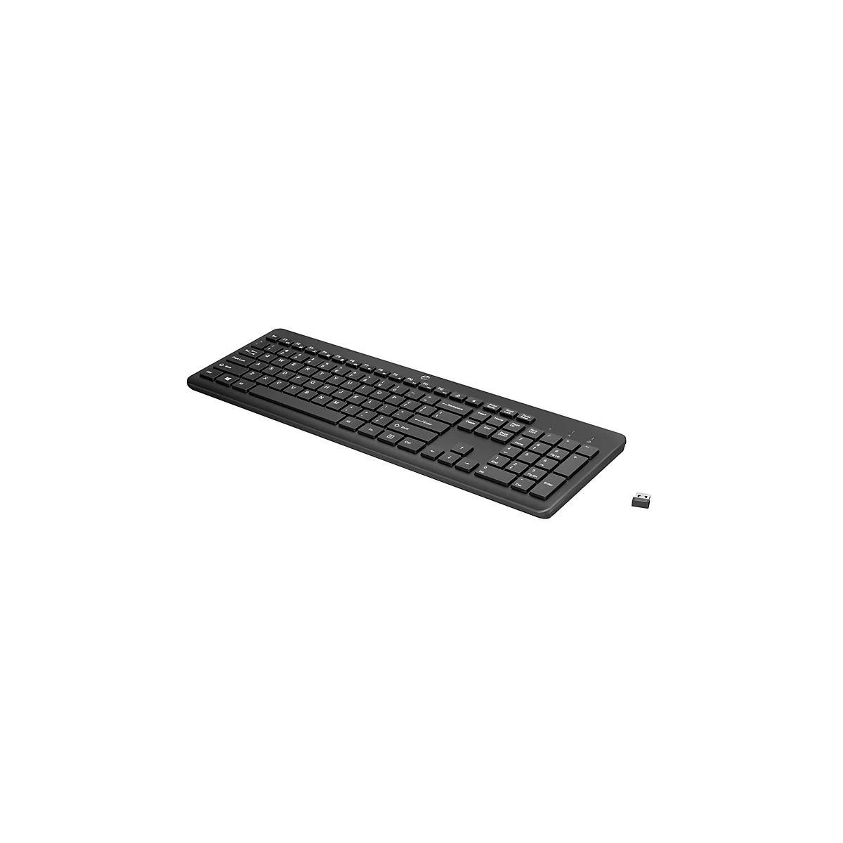 Schwarze, kabellose HP-Tastatur in Perspektive mit kleinem USB-Empfänger auf weißem Hintergrund.