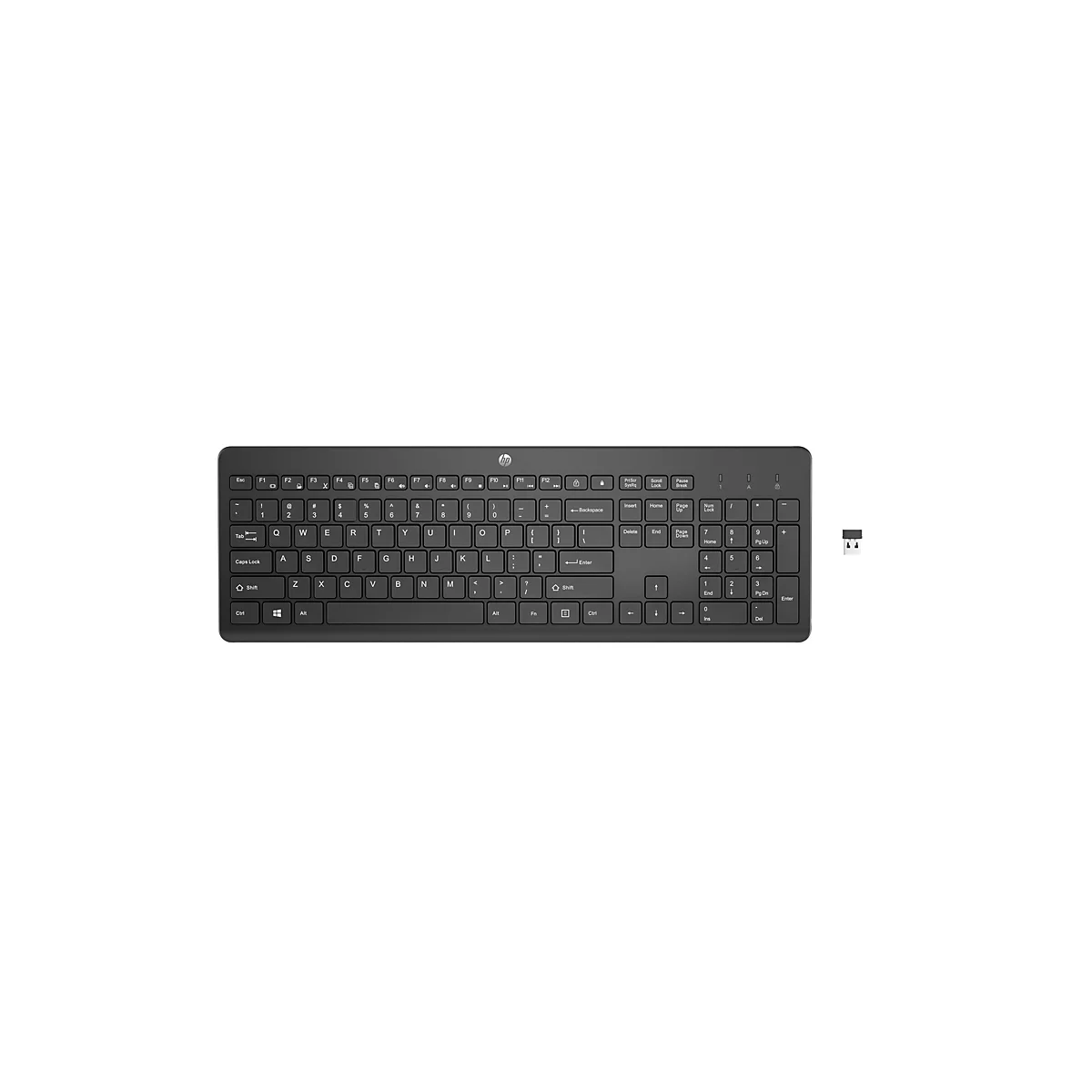 Draufsicht auf eine schwarze HP-Tastatur mit weißen Tasten und einem USB-Empfänger. Die Tastatur ist auf einem weißen Hintergrund zentriert.