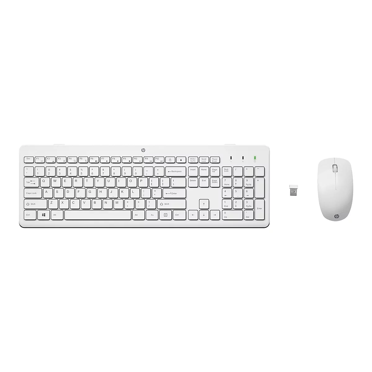 WeiÃŸes Tastatur-Maus-Set mit Logo auf weiÃŸem Hintergrund.