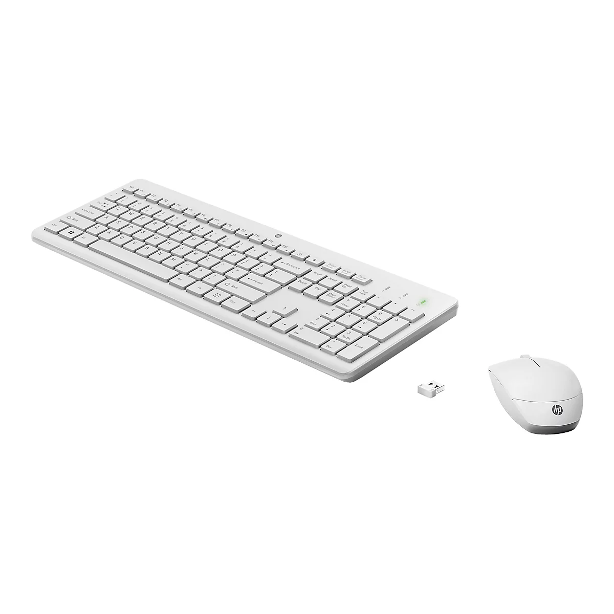 Draufsicht auf ein weiÃŸes kabelloses Tastatur-Maus-Set. Die Tastatur liegt schrÃ¤g im Bild, die Maus und der USB-EmpfÃ¤nger daneben.