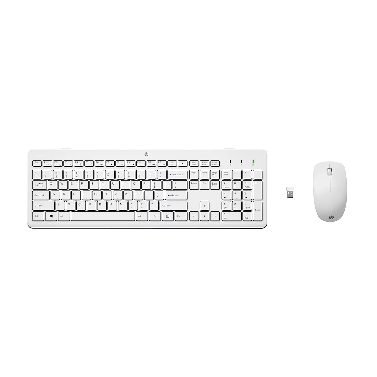 Kabelloses, weißes HP Tastatur- und Maus-Set mit kleinem USB-Empfänger auf weißem Hintergrund.