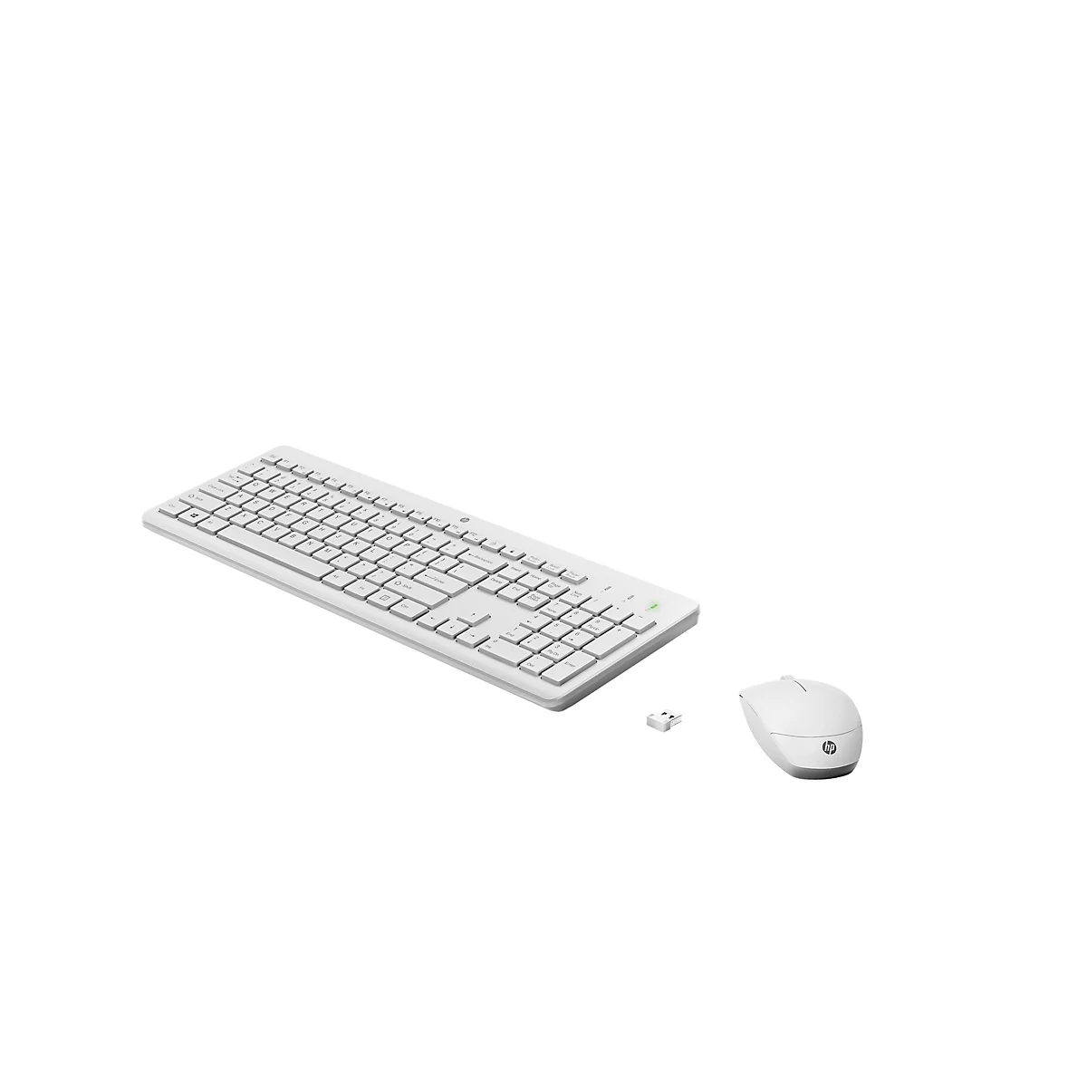 Weißes, kabelloses HP Tastatur- und Maus-Set mit USB-Empfänger auf weißem Hintergrund.