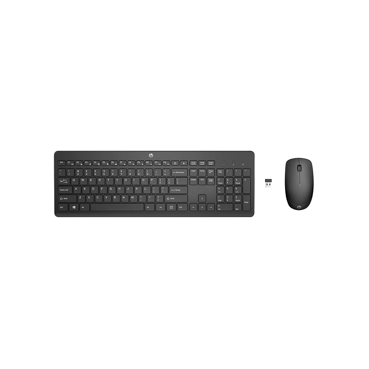 Schwarzes HP-Tastatur-Maus-Set. Die Tastatur hat flache Tasten und eine Reihe von Funktionstasten. Die Maus ist ergonomisch geformt.