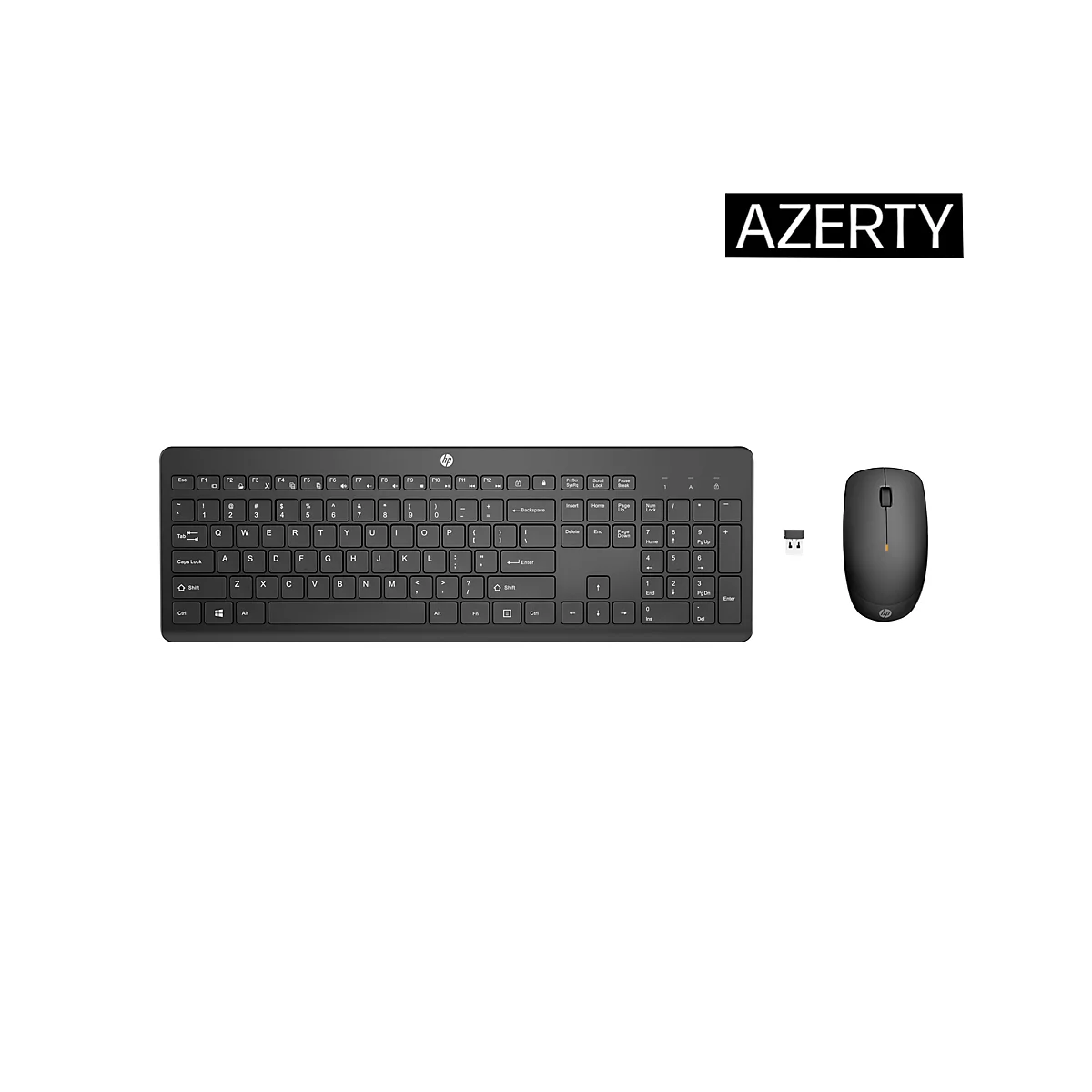 Schwarzes kabelloses HP Tastatur- und Maus-Set mit AZERTY-Layout auf weißem Hintergrund.
