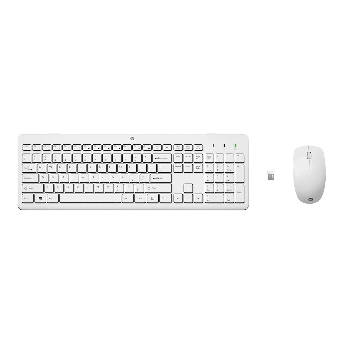 Kabelloses HP Tastatur- und Maus-Set in Weiß mit USB-Empfänger auf weißem Hintergrund.
