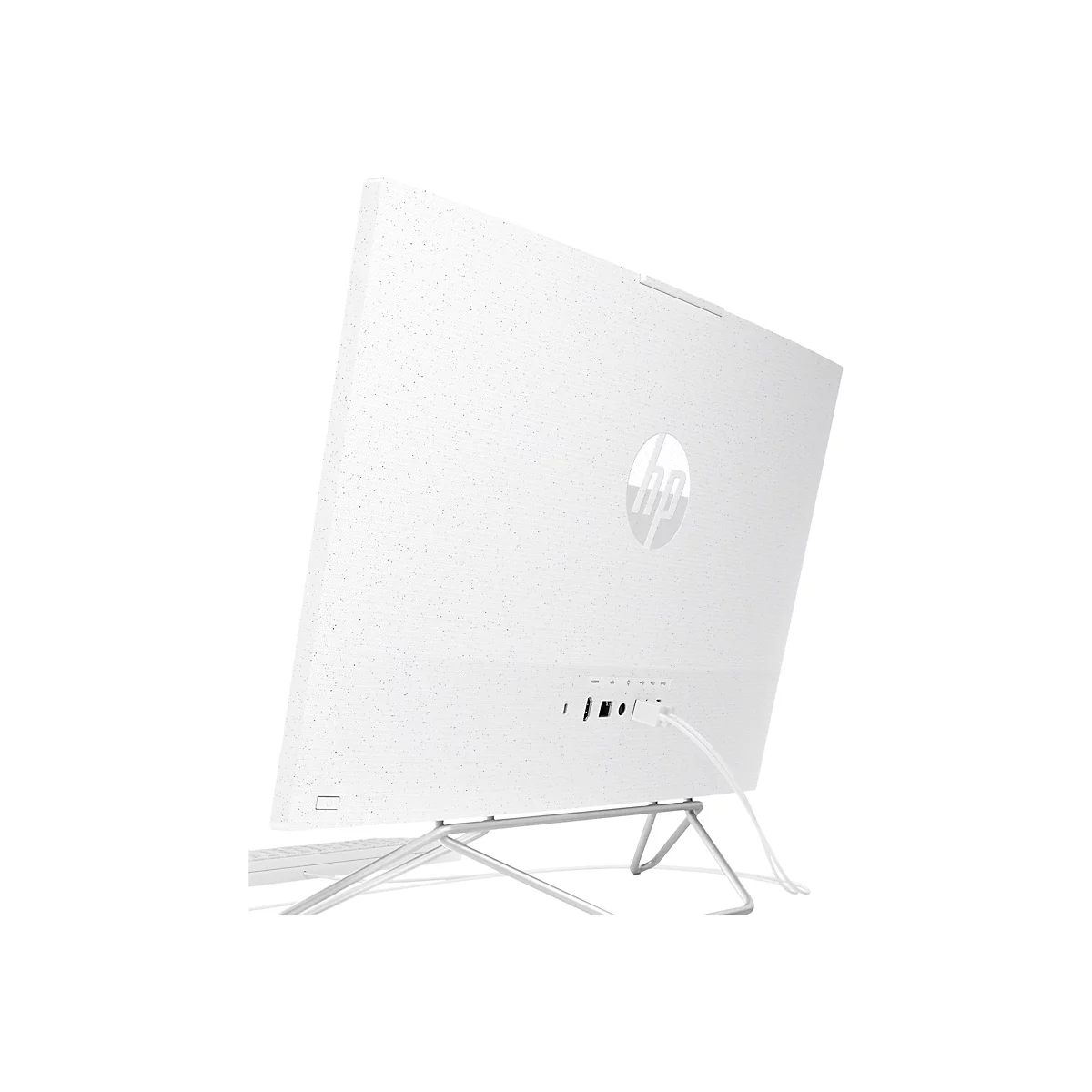 Weißer HP All-in-One-Computer. Rückansicht, leichte Schräglage. HP Logo oben mittig.