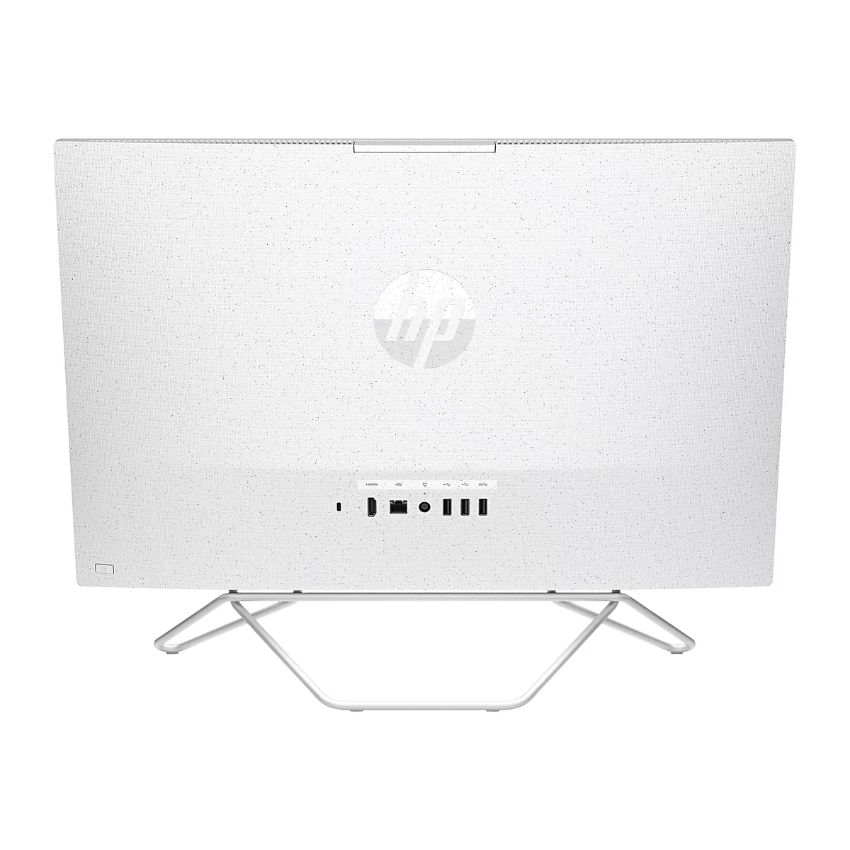 Ein weißer All-in-One-PC mit HP-Logo, der von hinten gezeigt wird. Sichtbar sind Anschlüsse und der Standfuß.
