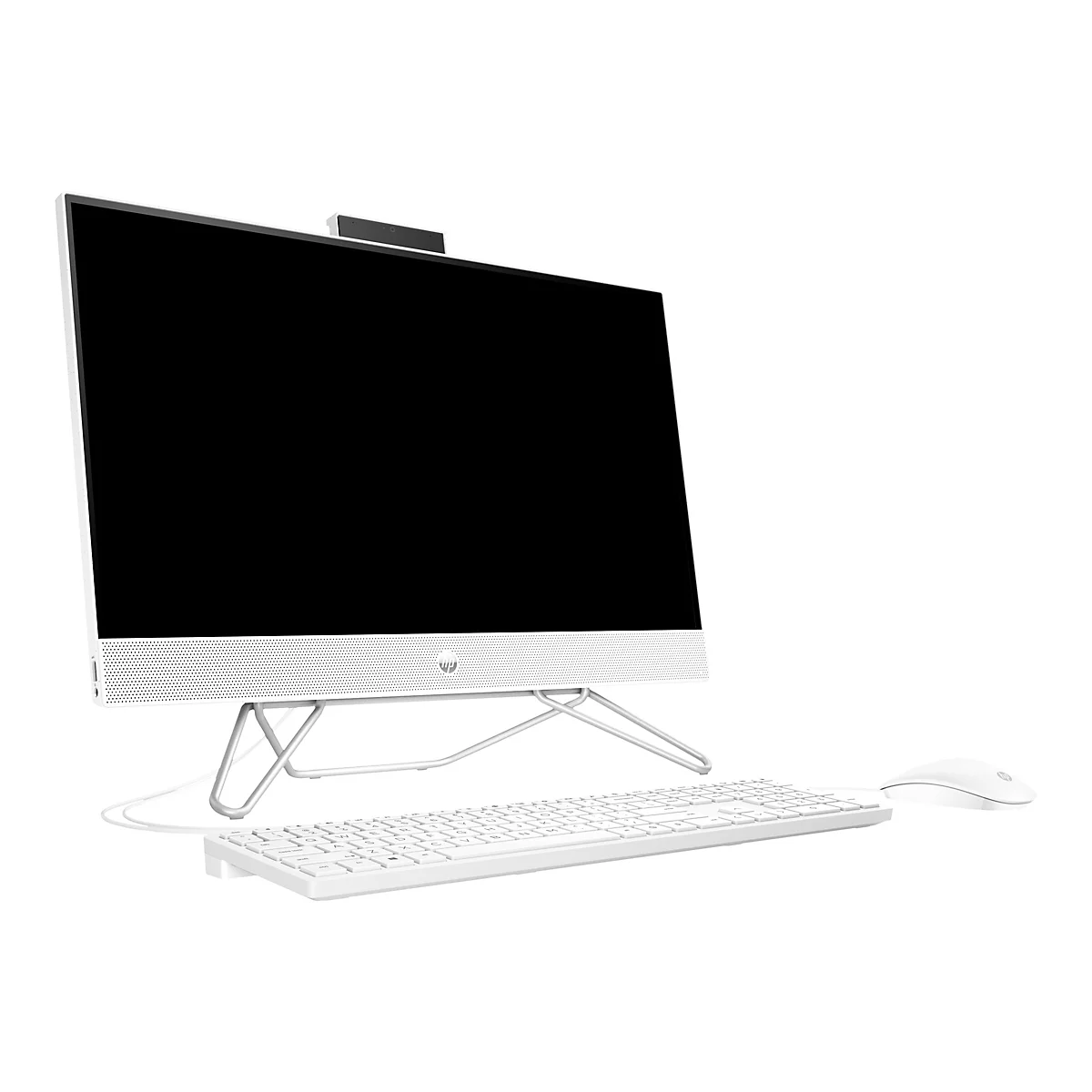 Weißer All-in-One-PC mit Monitor, Tastatur und Maus. Der Monitor hat einen schwarzen Bildschirm, darauf sitzt eine Webcam.