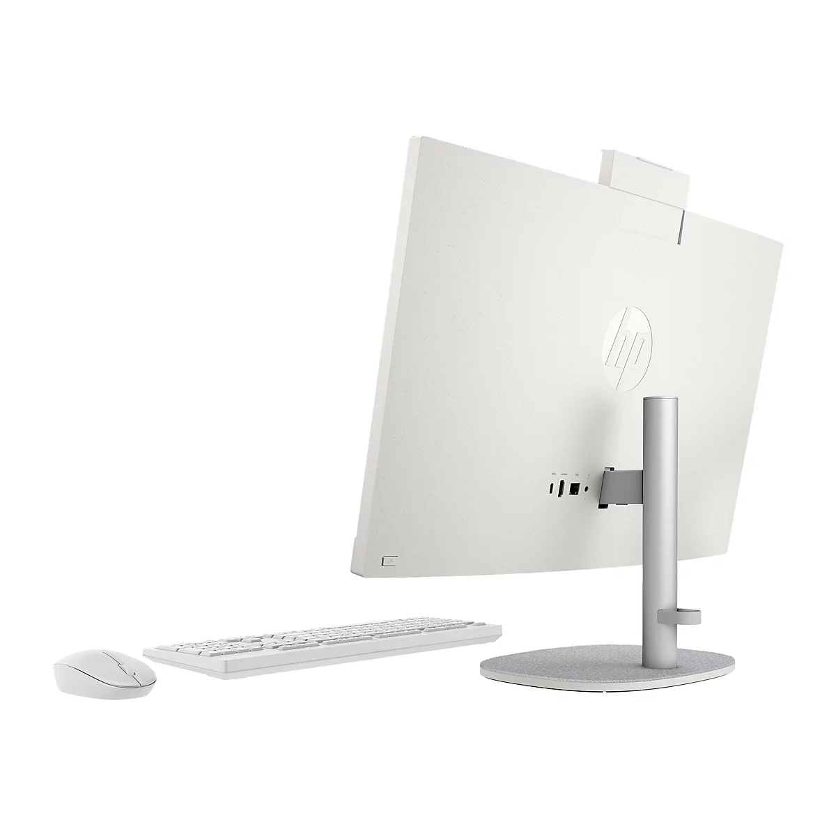 Weißer HP All-in-One-PC, Rückseite, mit Tastatur und Maus. Der PC hat das HP-Logo und Anschlüsse.
