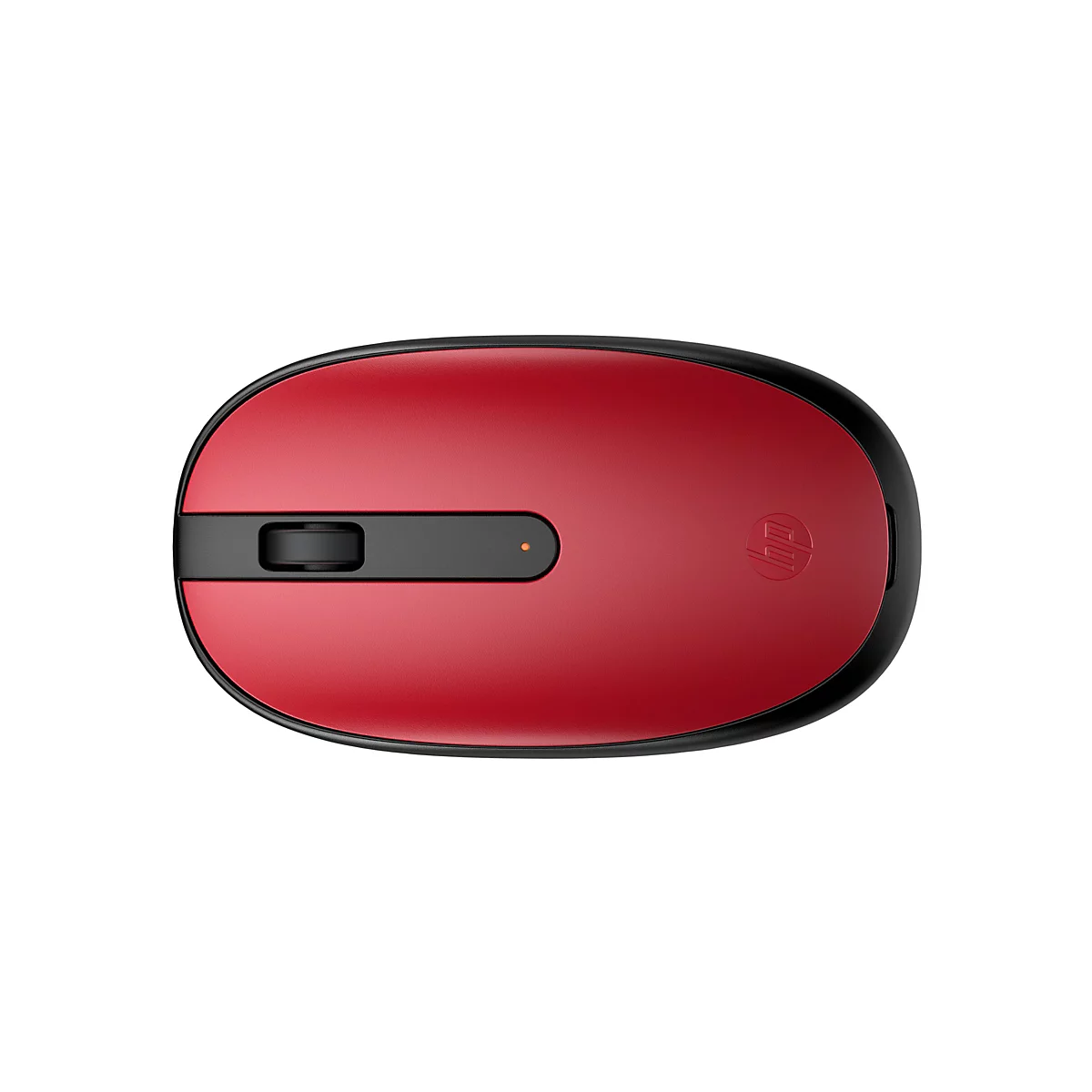 Rote, ovale HP-Funkmaus in Draufsicht mit schwarzem Scrollrad und HP-Logo.