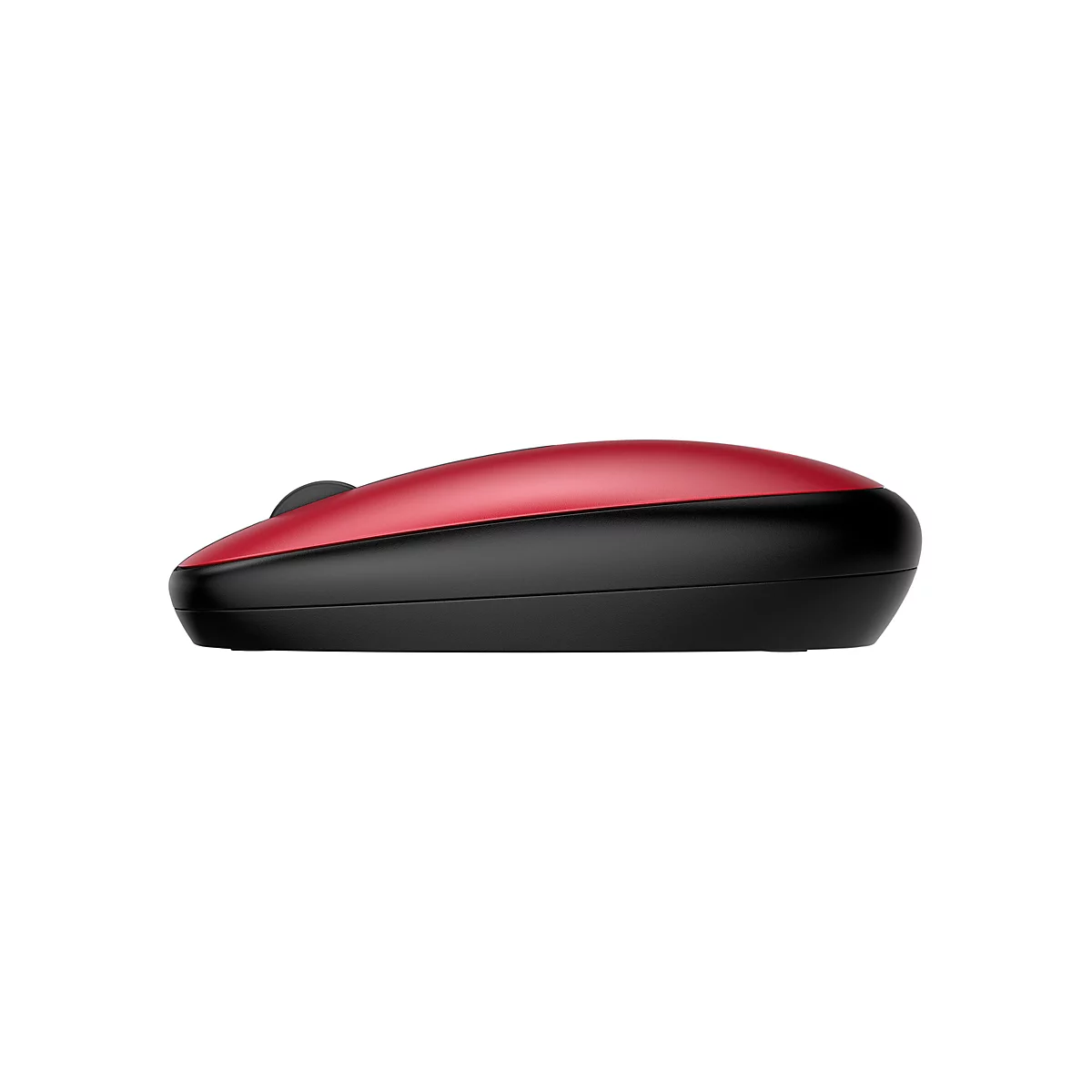 Seitliche Ansicht einer kabellosen Computermaus in Rot und Schwarz auf weißem Hintergrund.