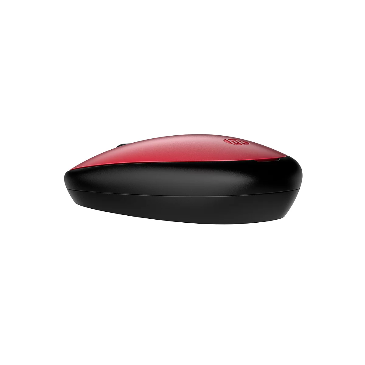 Eine rot-schwarze HP Computermaus in der Seitenansicht vor weißem Hintergrund.